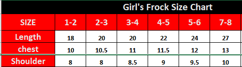 Girl's frock size chart with measurements for length, chest, and shoulder.