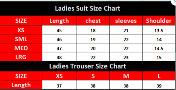 Size chart for ladies suits and trousers with measurements in centimeters.
