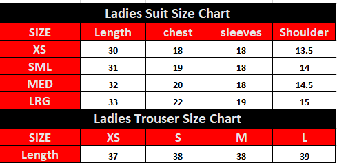 Size chart for ladies suits and trousers with measurements in centimeters.