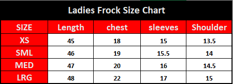 Ladies Frock Size Chart with measurements for length, chest, sleeves, and shoulder.