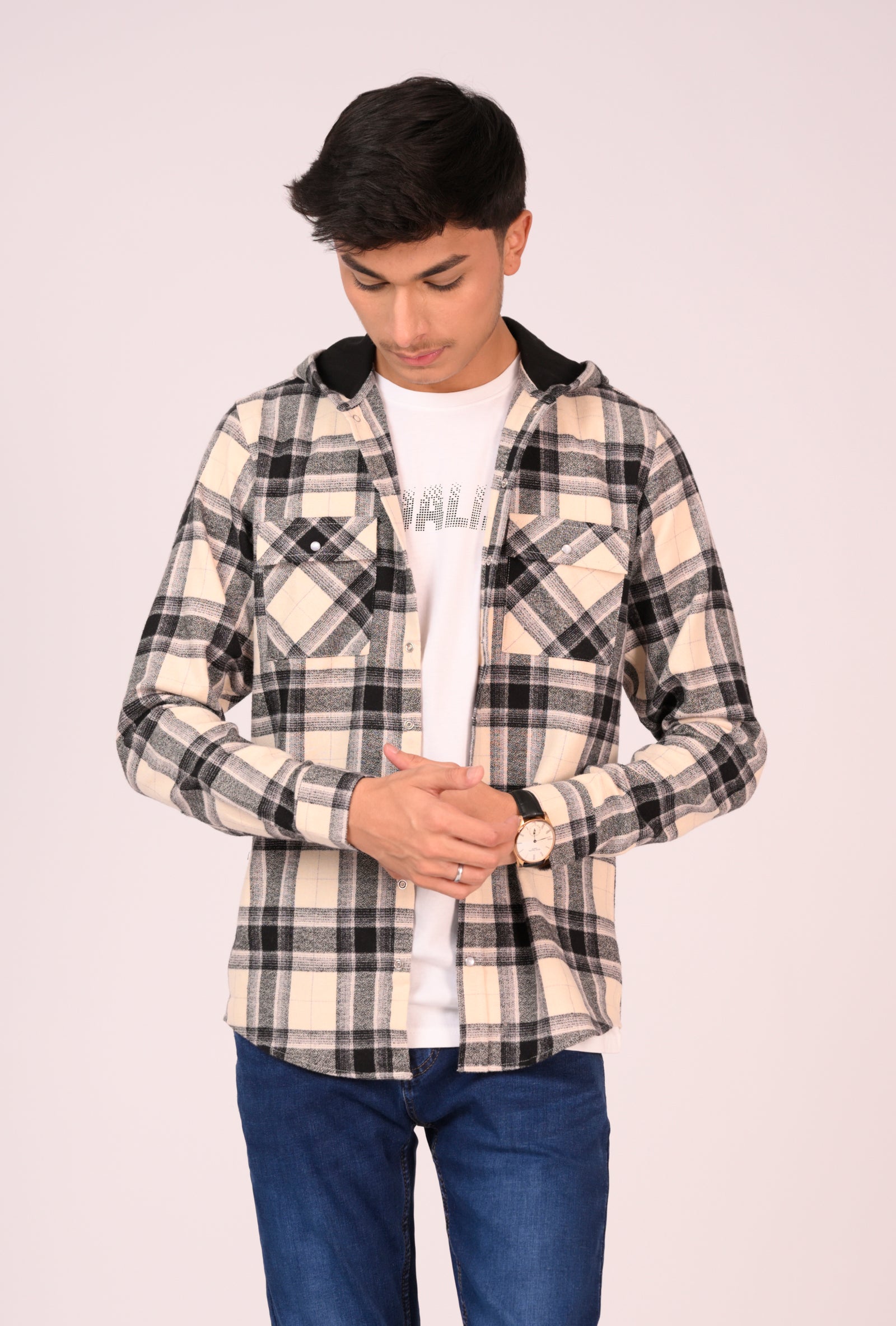 Cream & Black Grid Flannel Hoodie Reality