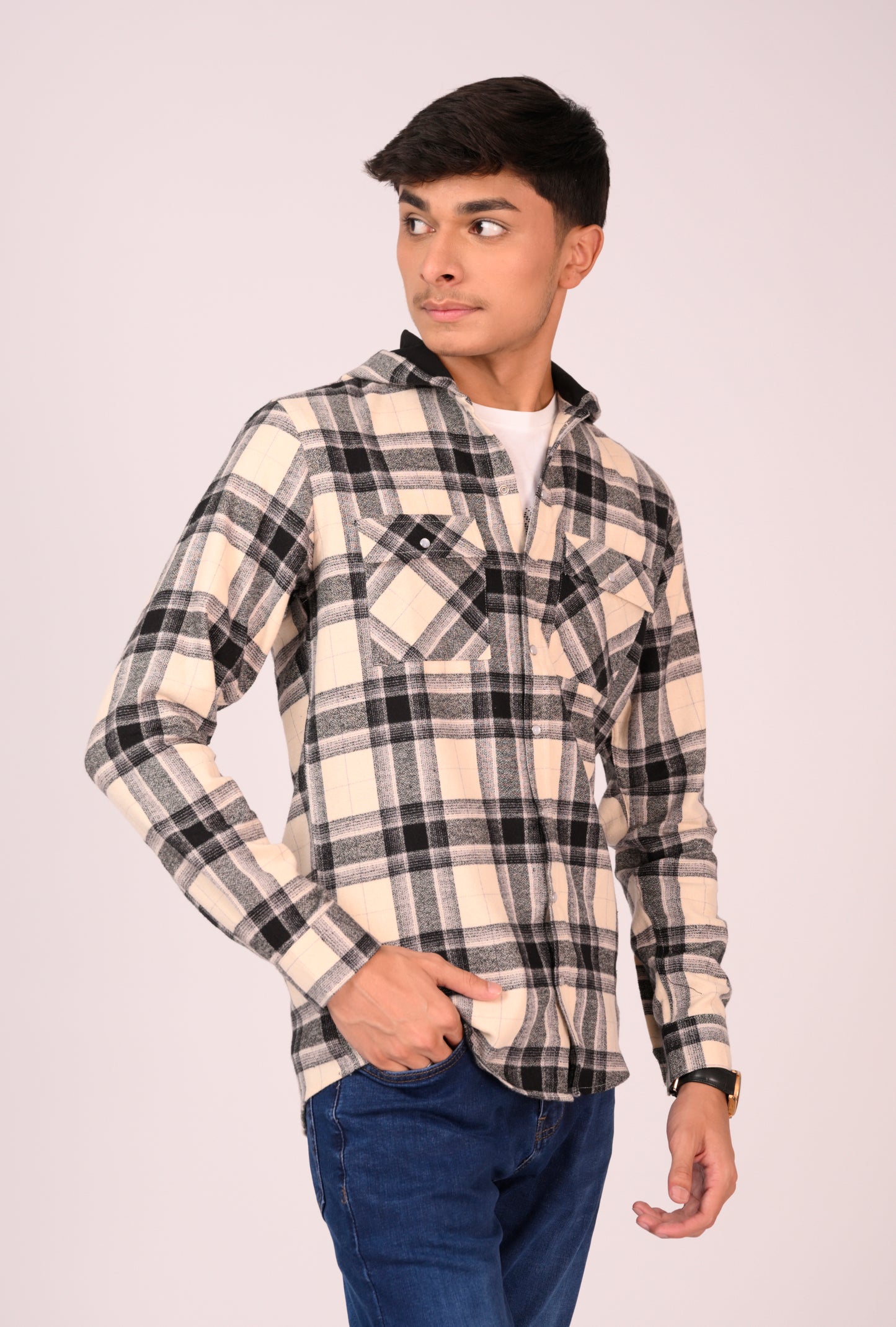 Cream & Black Grid Flannel Hoodie Reality