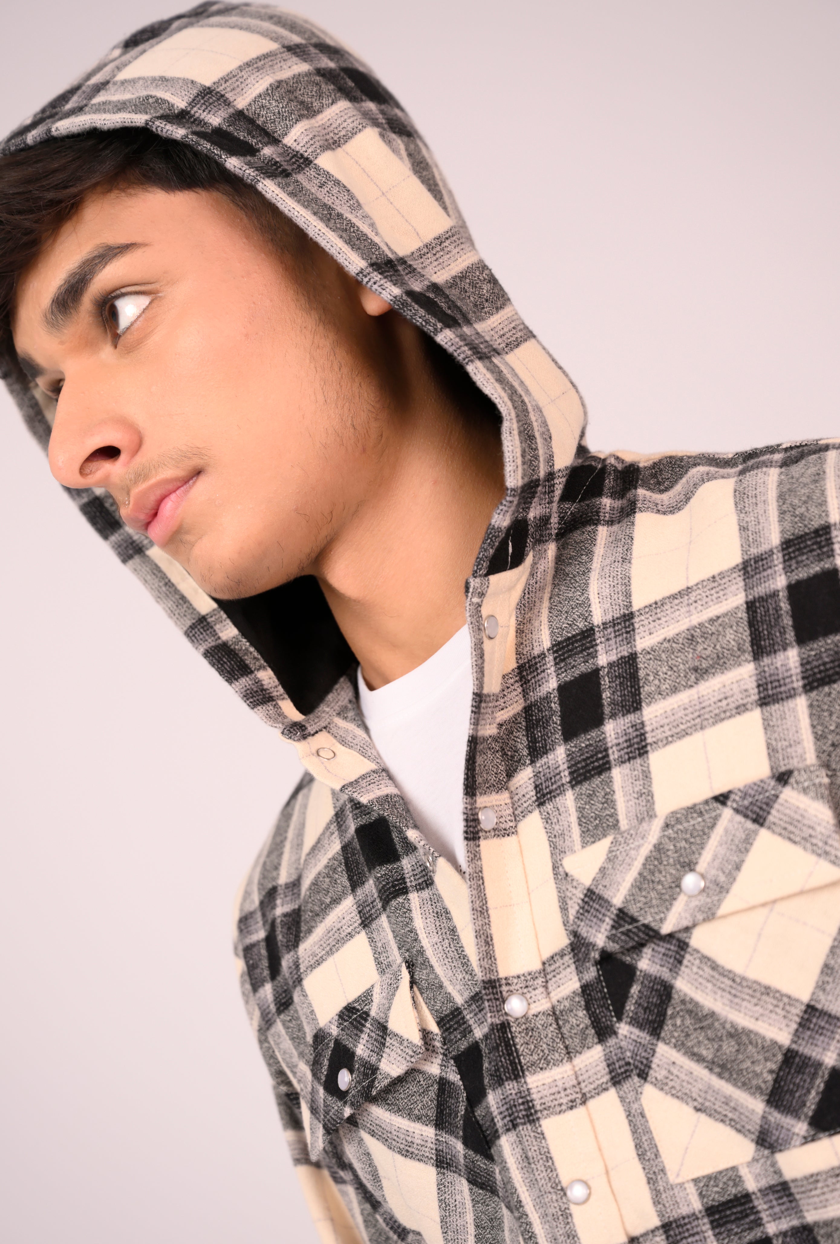 Cream & Black Grid Flannel Hoodie Reality