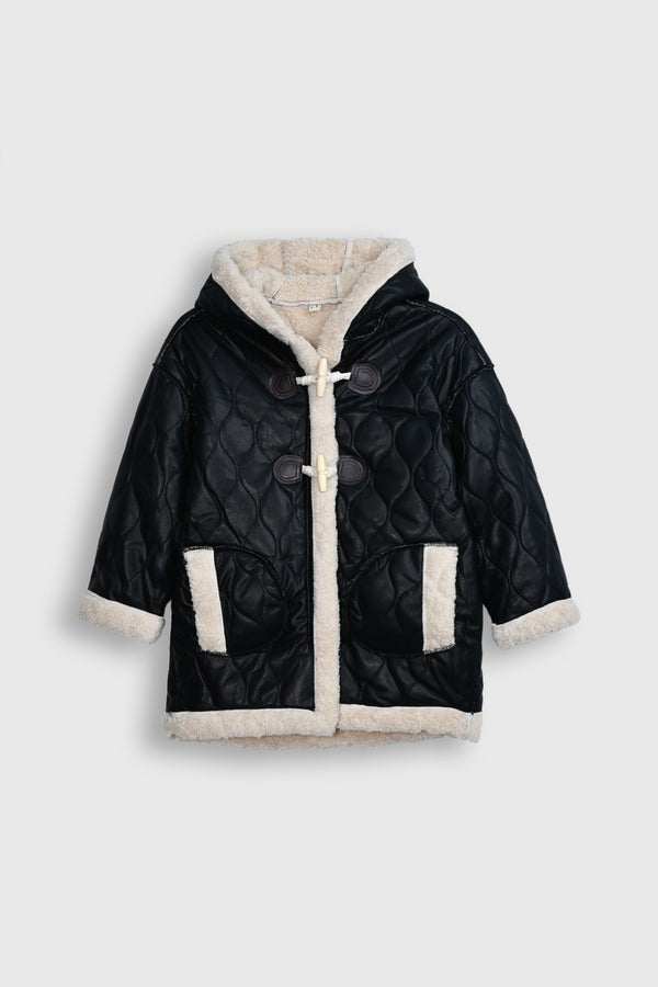 Black Faux Leather Toggle Coat