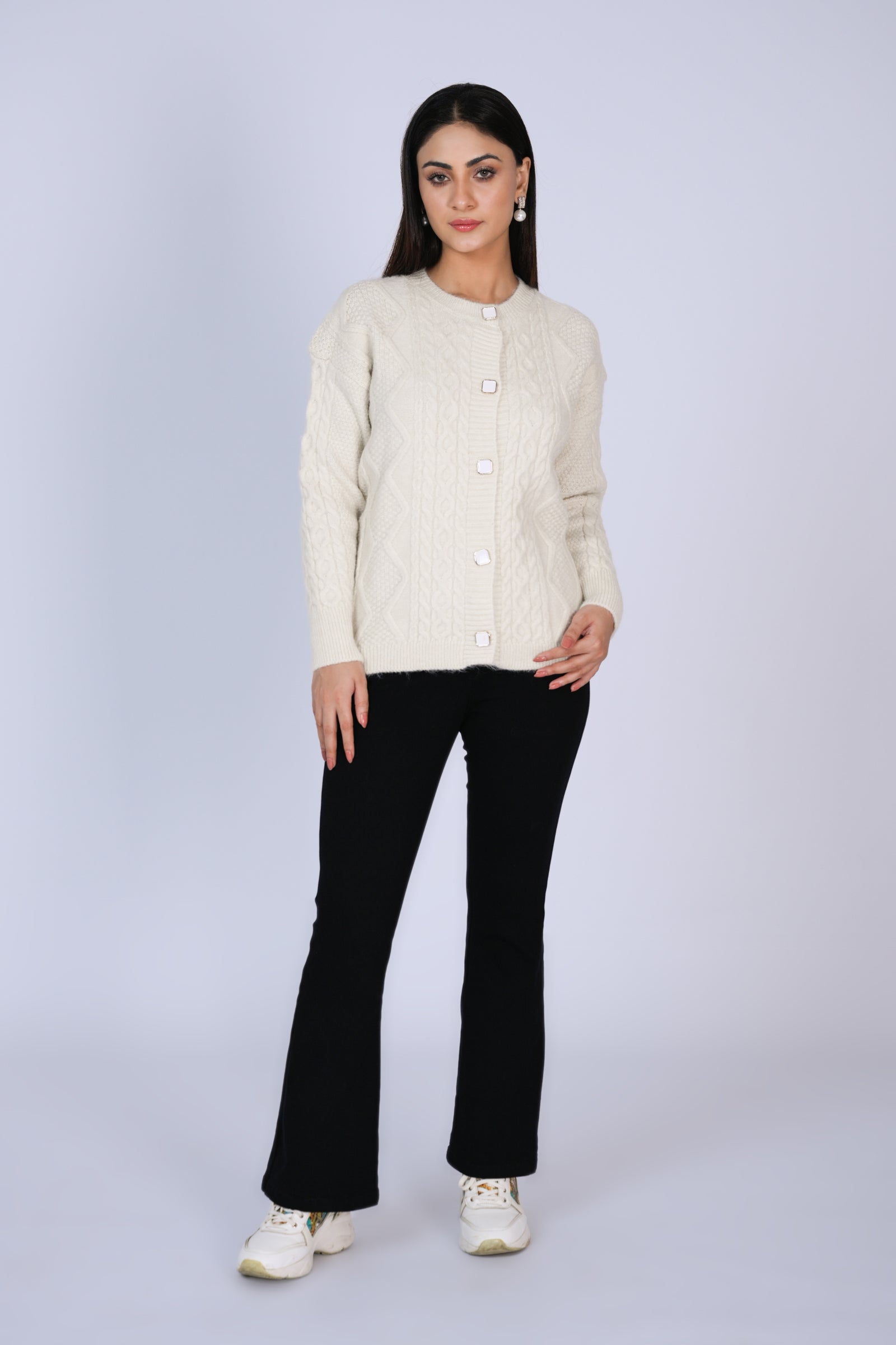 Elegant Off-White Cable-Knit Cardigan Reality