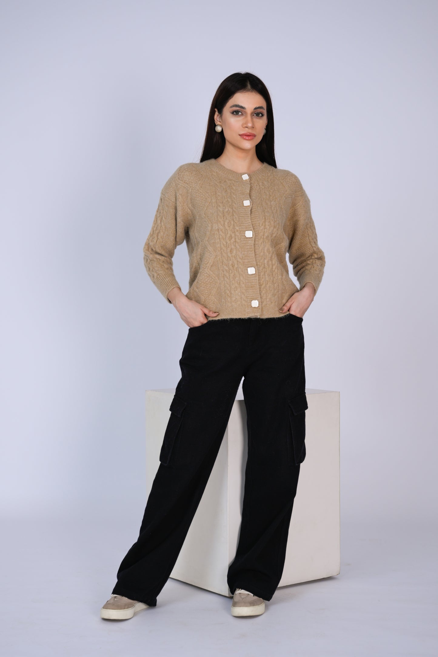 Tan Cable-Knit Cardigan Reality