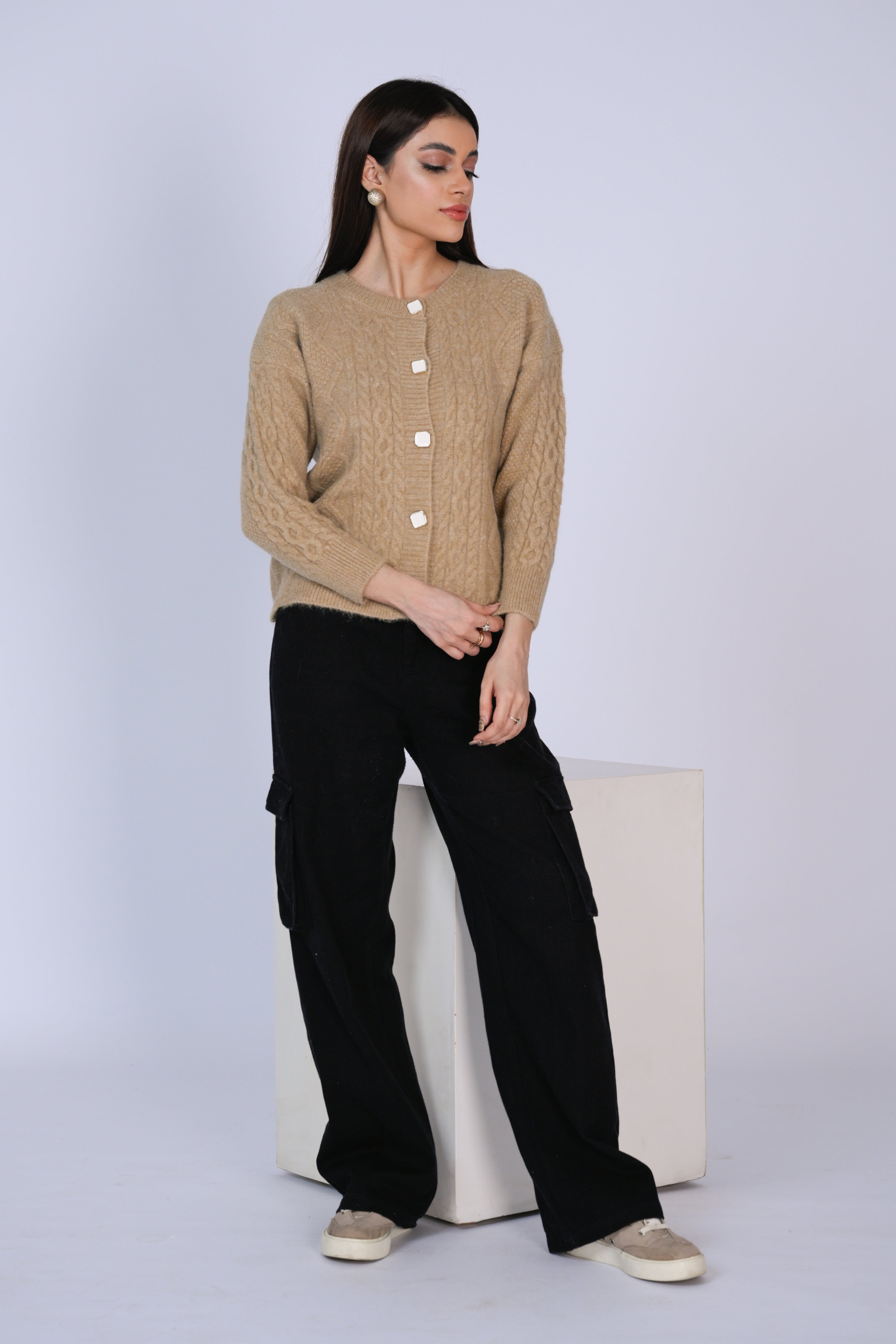 Tan Cable-Knit Cardigan Reality