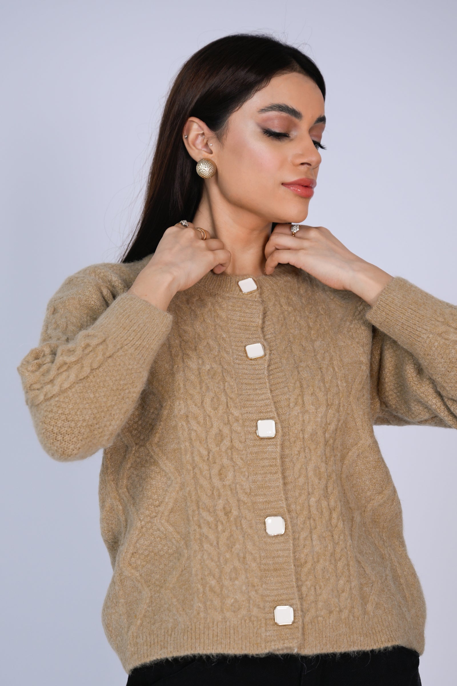 Tan Cable-Knit Cardigan Reality