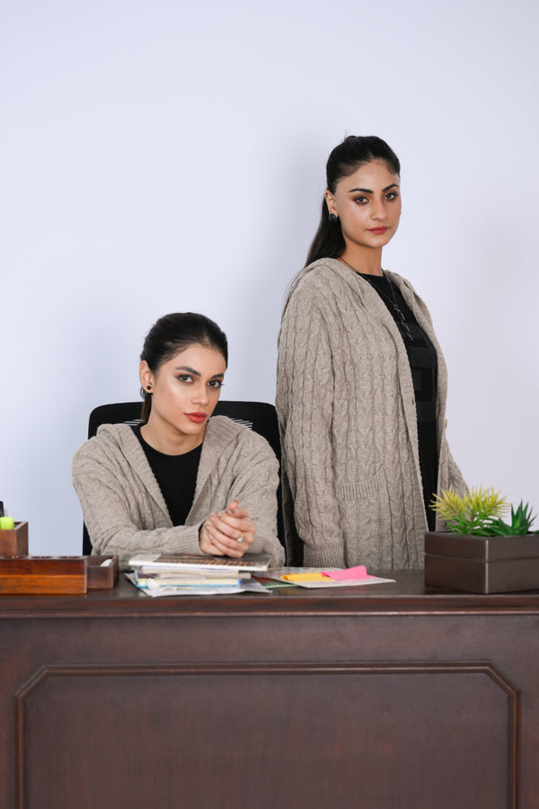 Beige Knitted Long Hooded Cardigan Reality