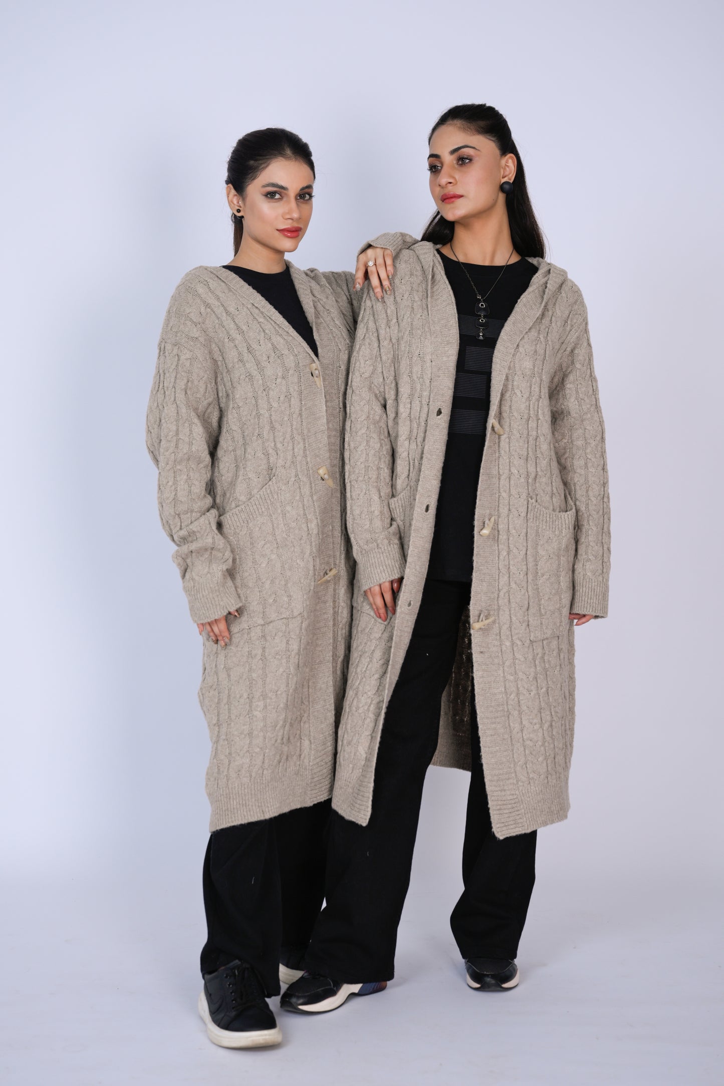 Beige Knitted Long Hooded Cardigan Reality