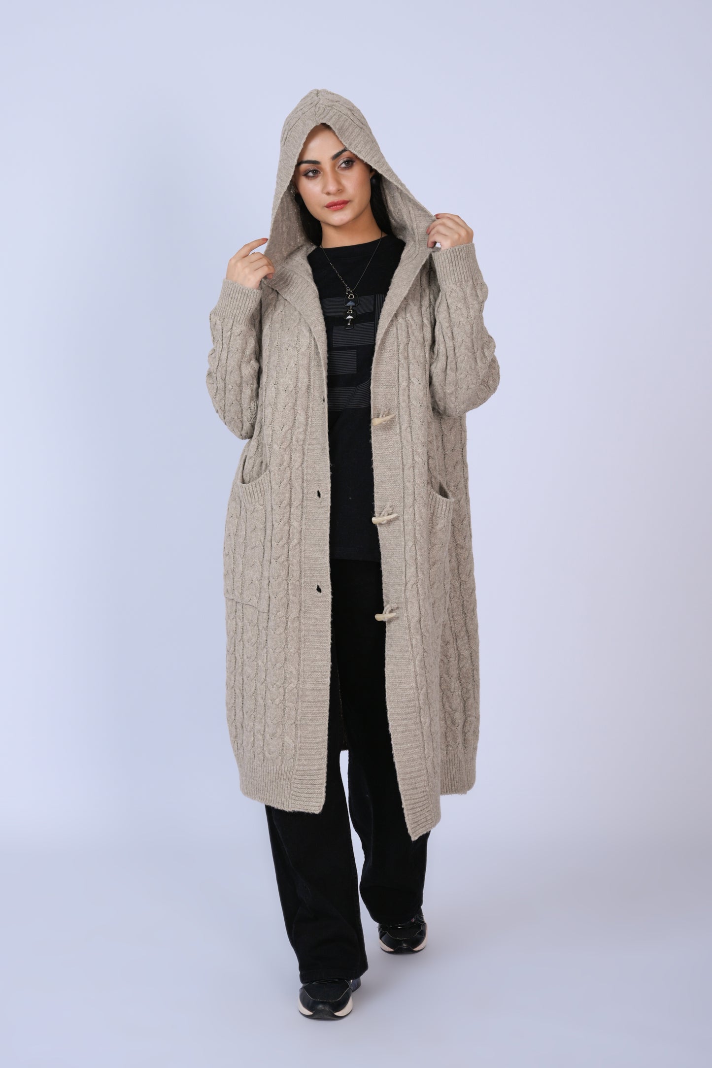 Beige Knitted Long Hooded Cardigan Reality