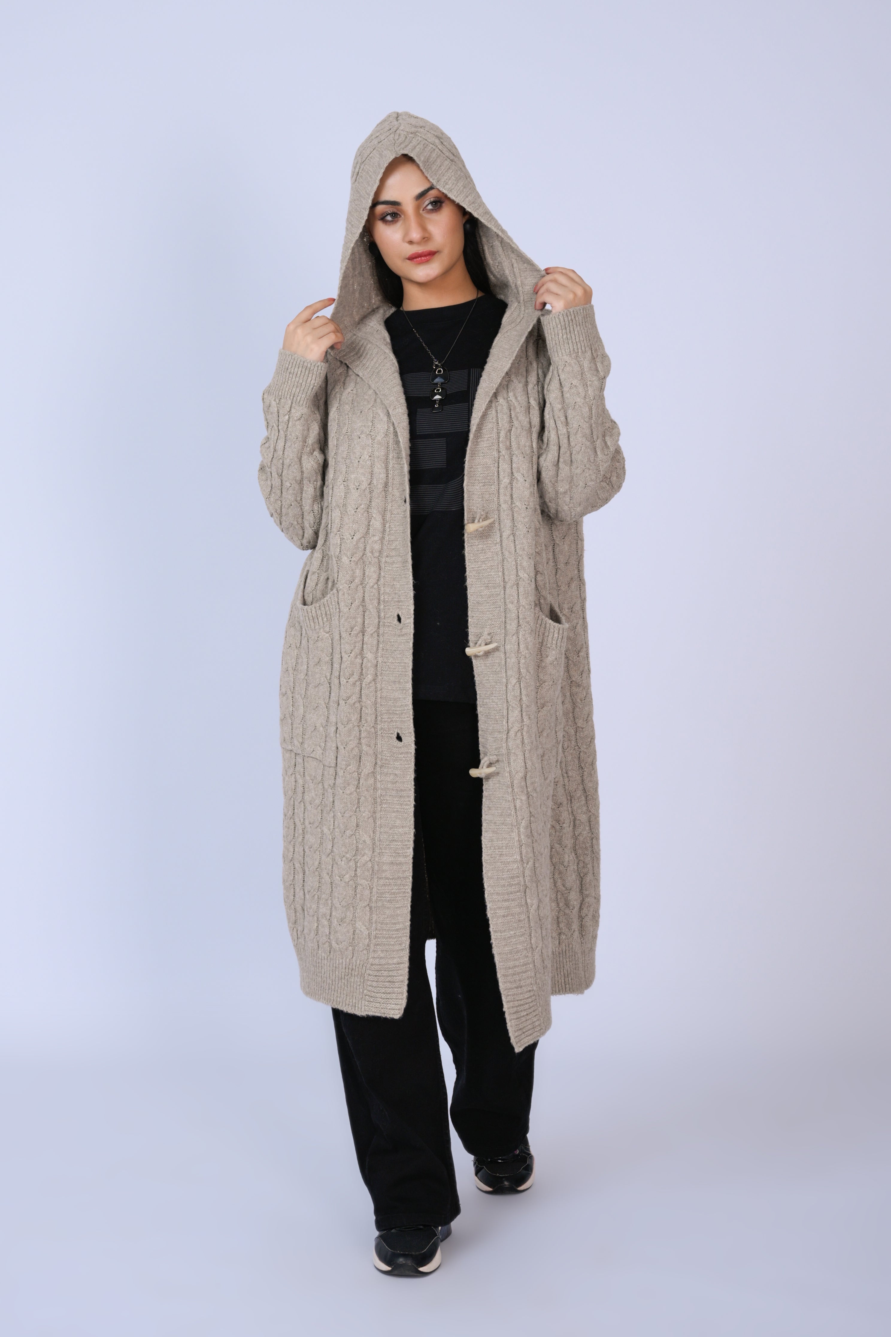 Beige Knitted Long Hooded Cardigan Reality