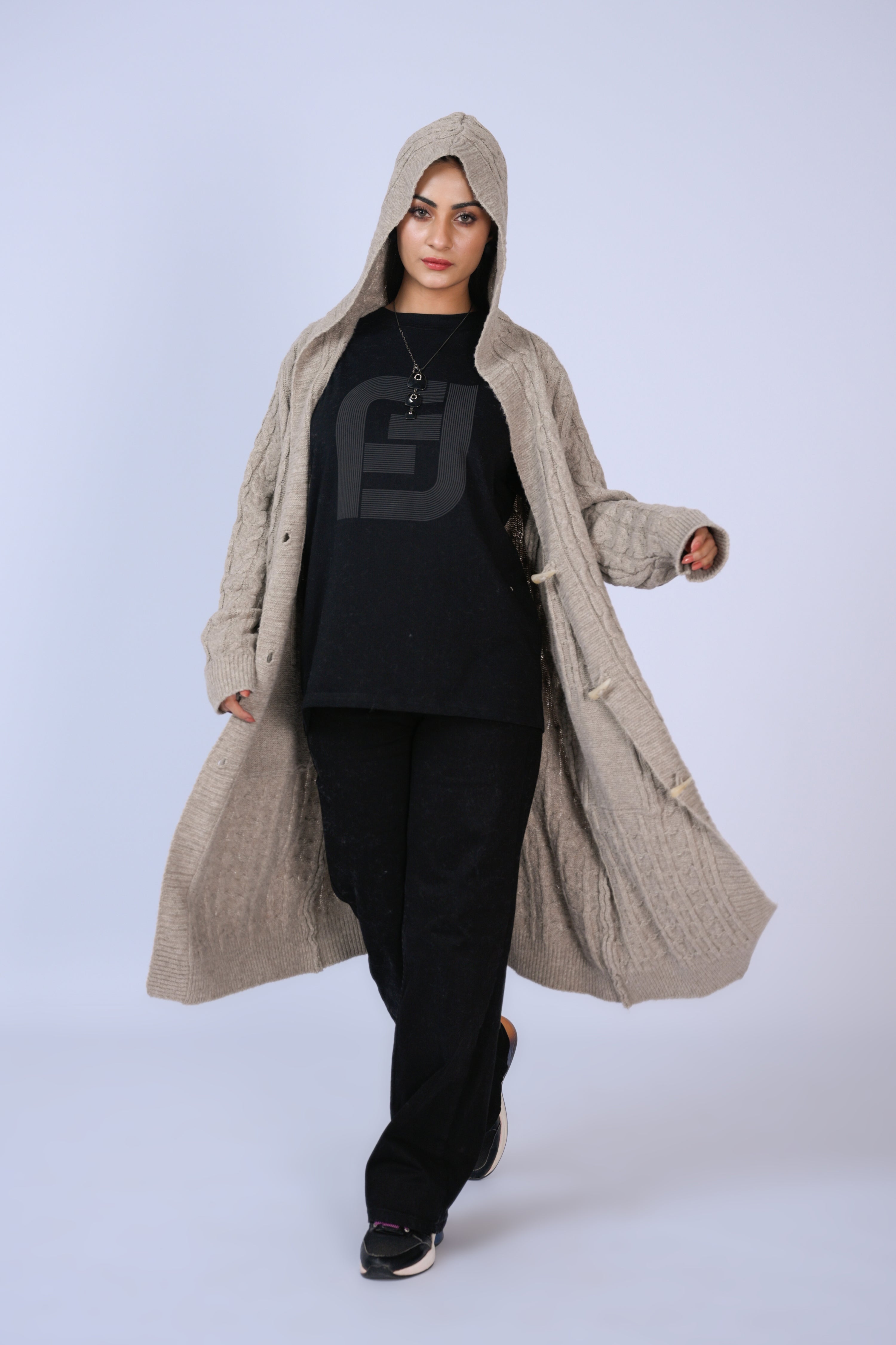 Beige Knitted Long Hooded Cardigan Reality