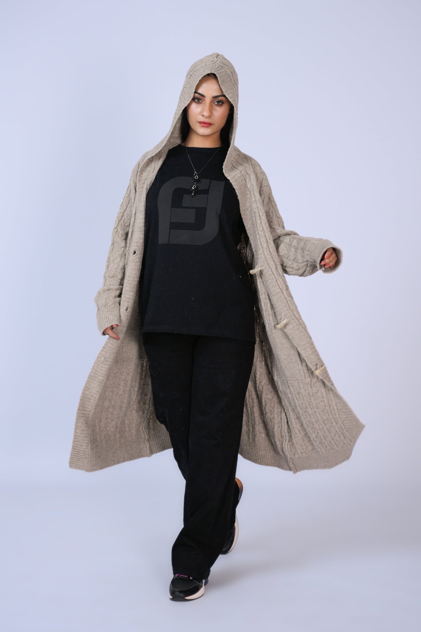 Beige Knitted Long Hooded Cardigan Reality