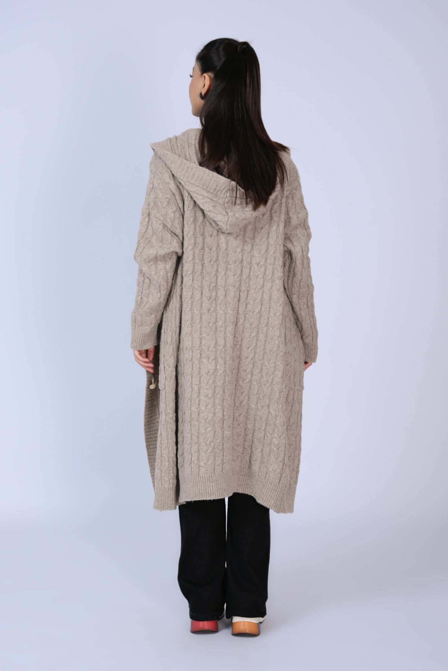 Beige Knitted Long Hooded Cardigan Reality