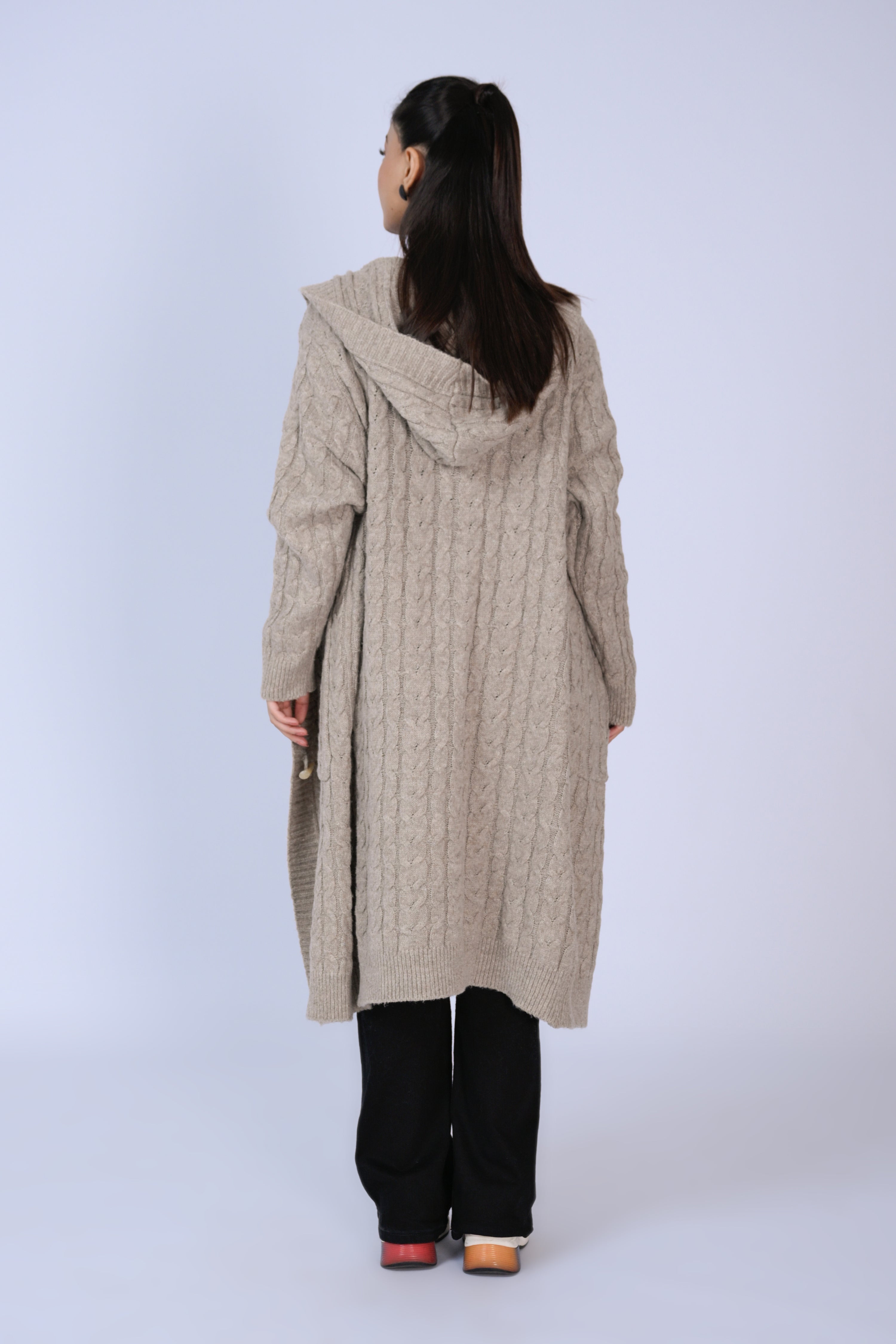 Beige Knitted Long Hooded Cardigan Reality