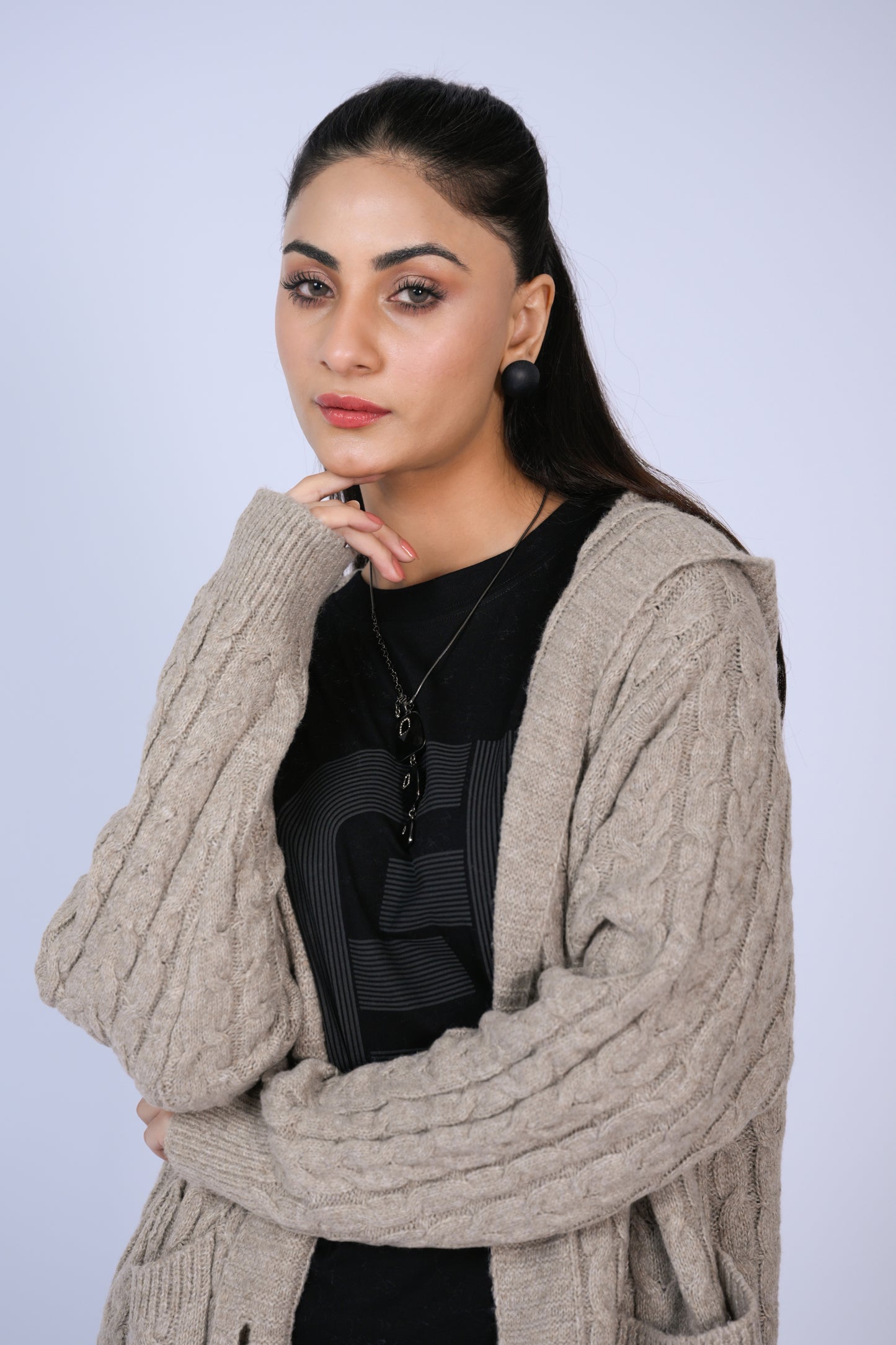 Beige Knitted Long Hooded Cardigan Reality