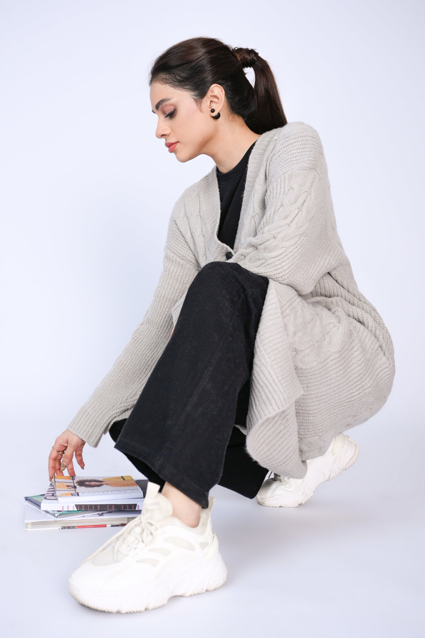 Timeless Duo: Cable Knit Longline Cardigans in Soft Grey Reality