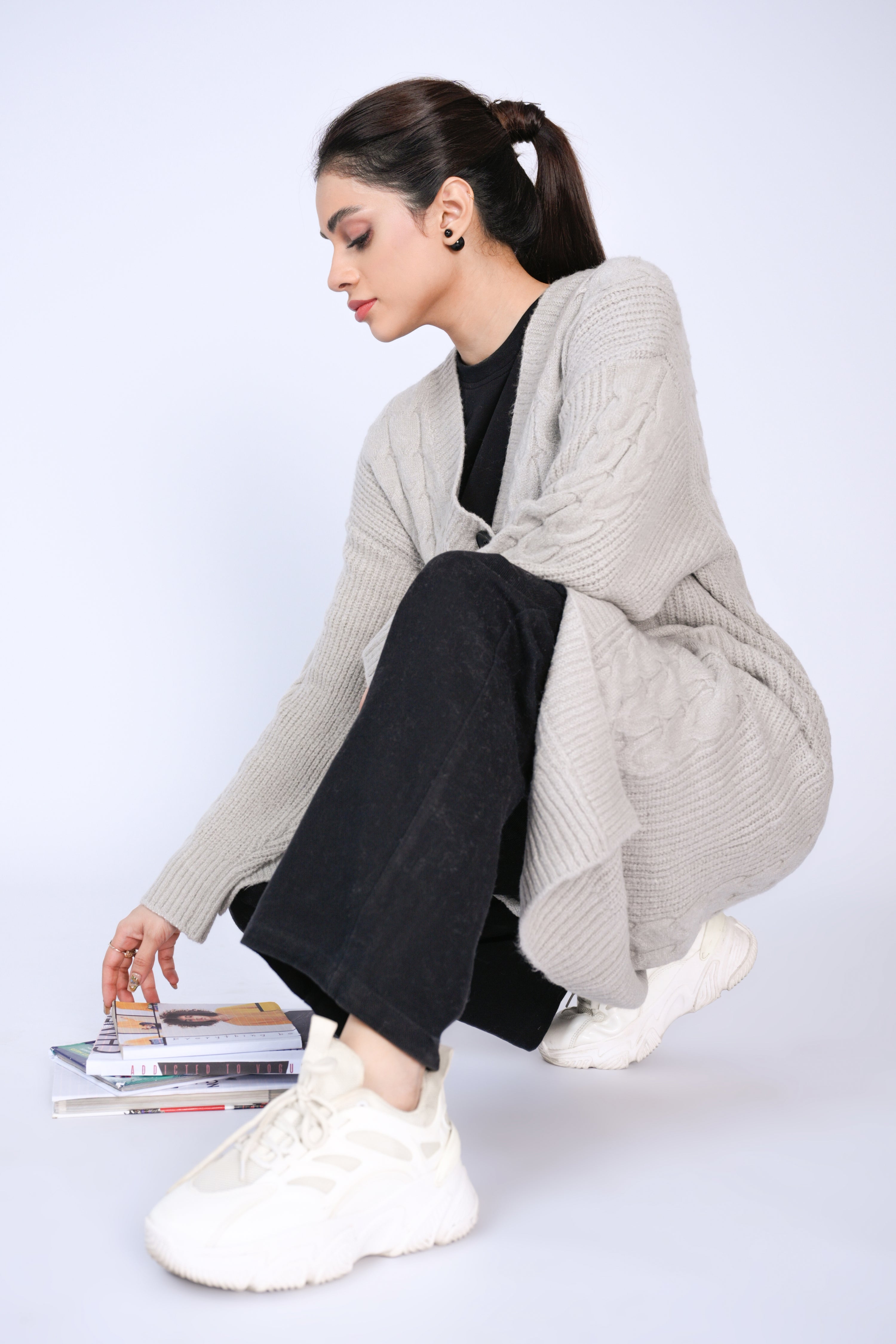 Timeless Duo: Cable Knit Longline Cardigans in Soft Grey Reality