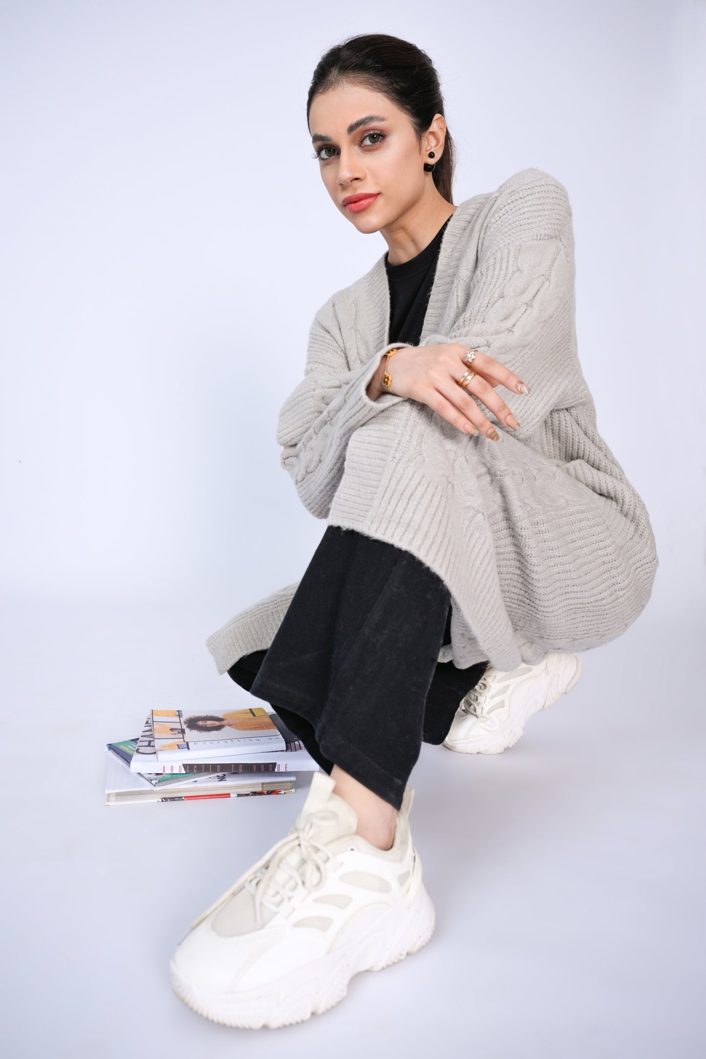 Timeless Duo: Cable Knit Longline Cardigans in Soft Grey Reality