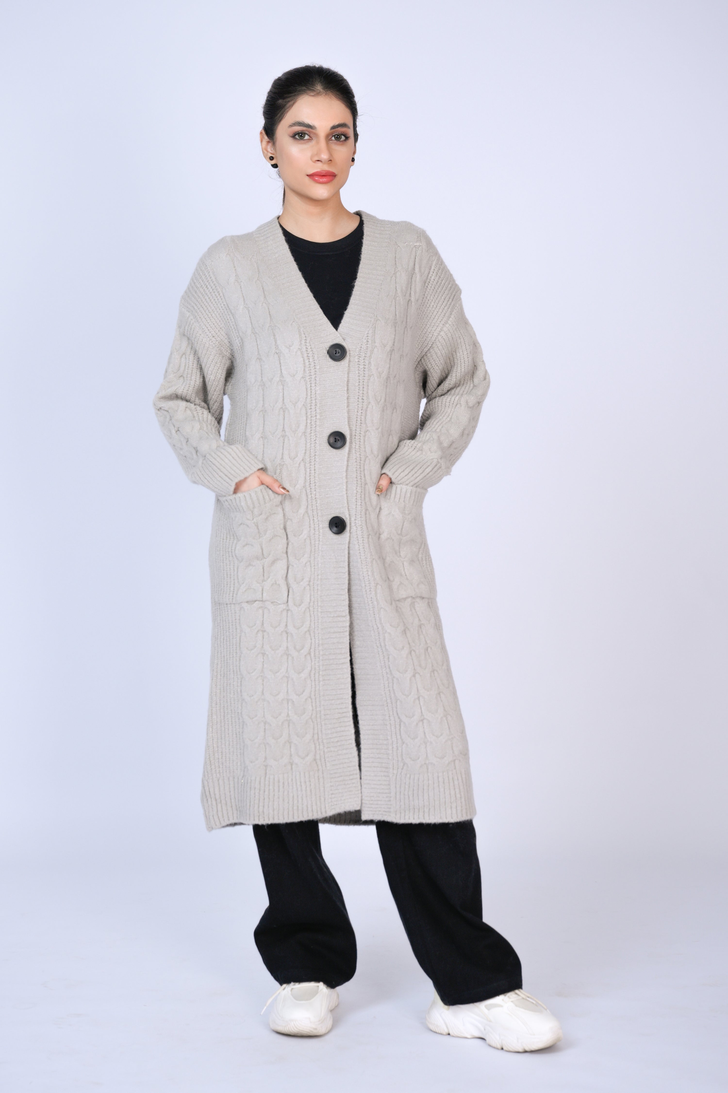 Timeless Duo: Cable Knit Longline Cardigans in Soft Grey Reality