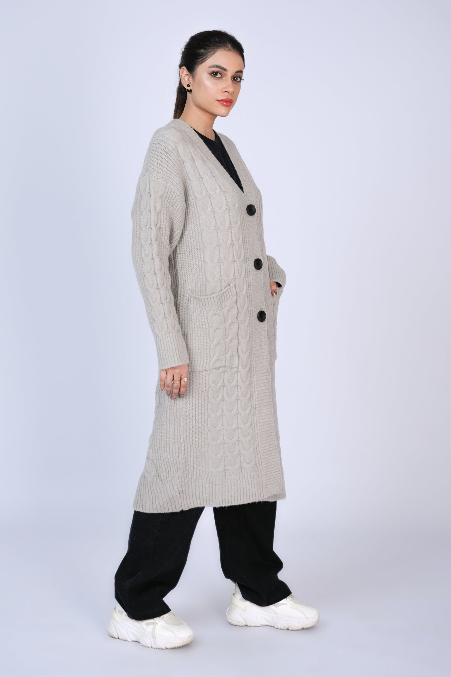 Timeless Duo: Cable Knit Longline Cardigans in Soft Grey Reality