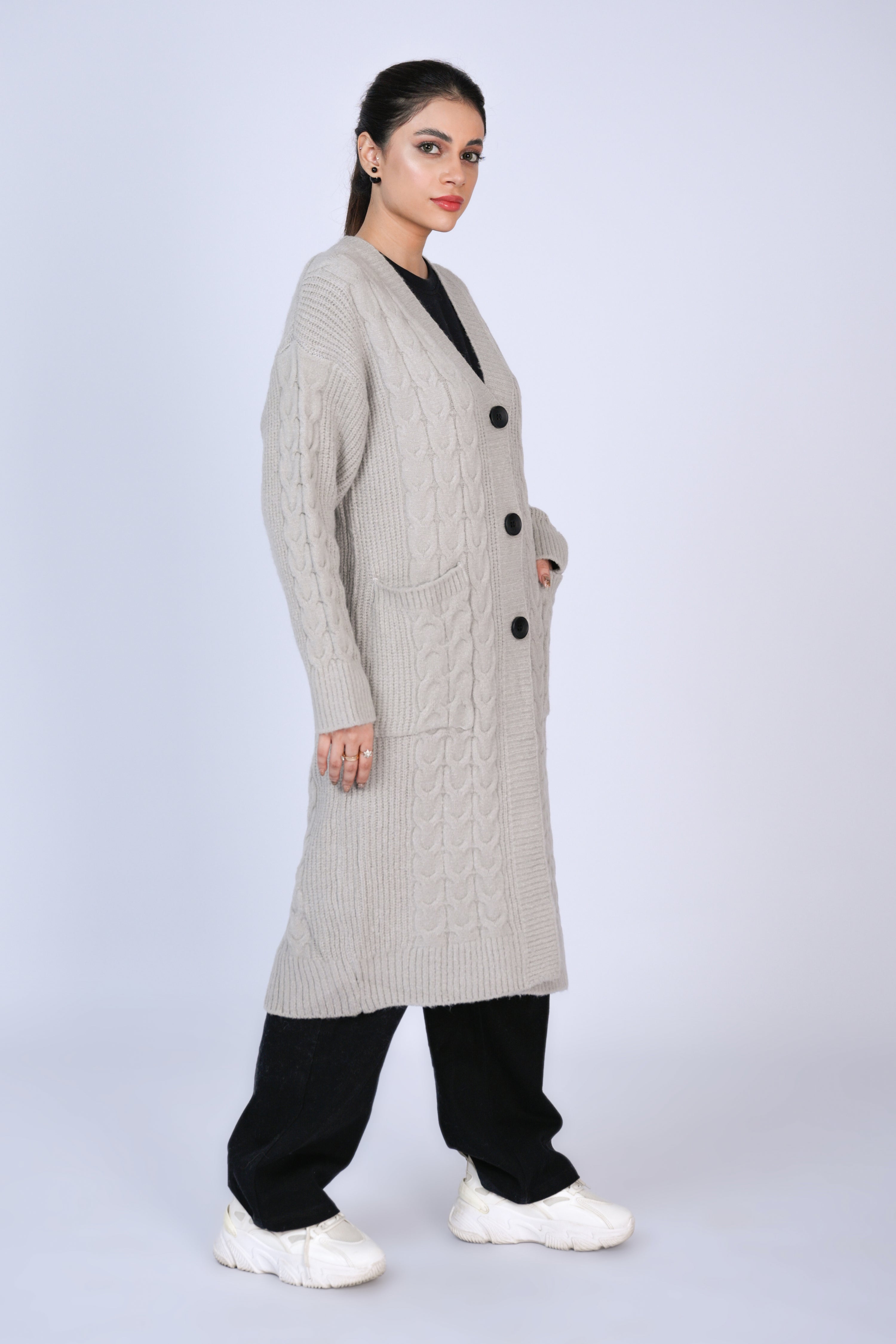 Timeless Duo: Cable Knit Longline Cardigans in Soft Grey Reality