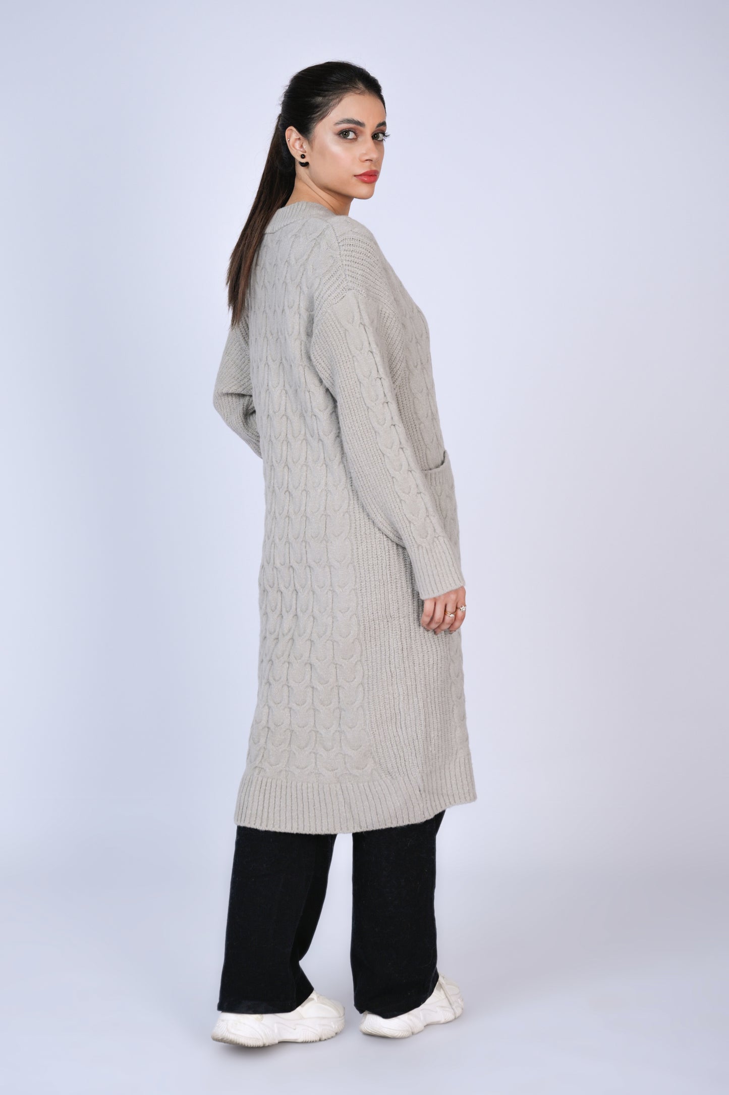 Timeless Duo: Cable Knit Longline Cardigans in Soft Grey Reality