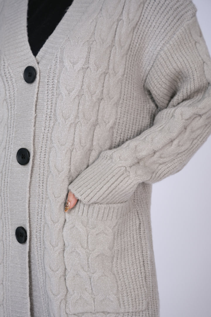 Timeless Duo: Cable Knit Longline Cardigans in Soft Grey Reality