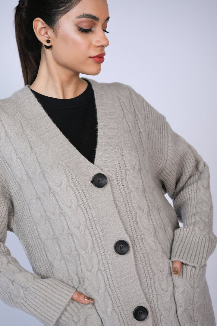 Timeless Duo: Cable Knit Longline Cardigans in Soft Grey Reality
