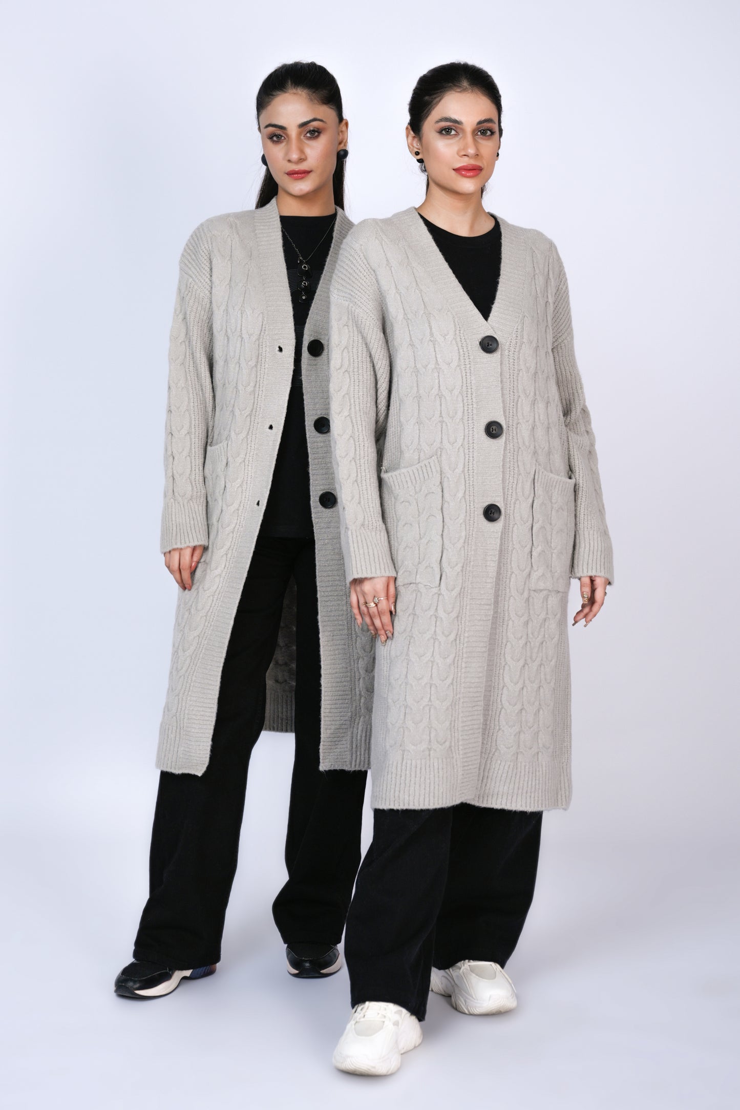 Timeless Duo: Cable Knit Longline Cardigans in Soft Grey Reality