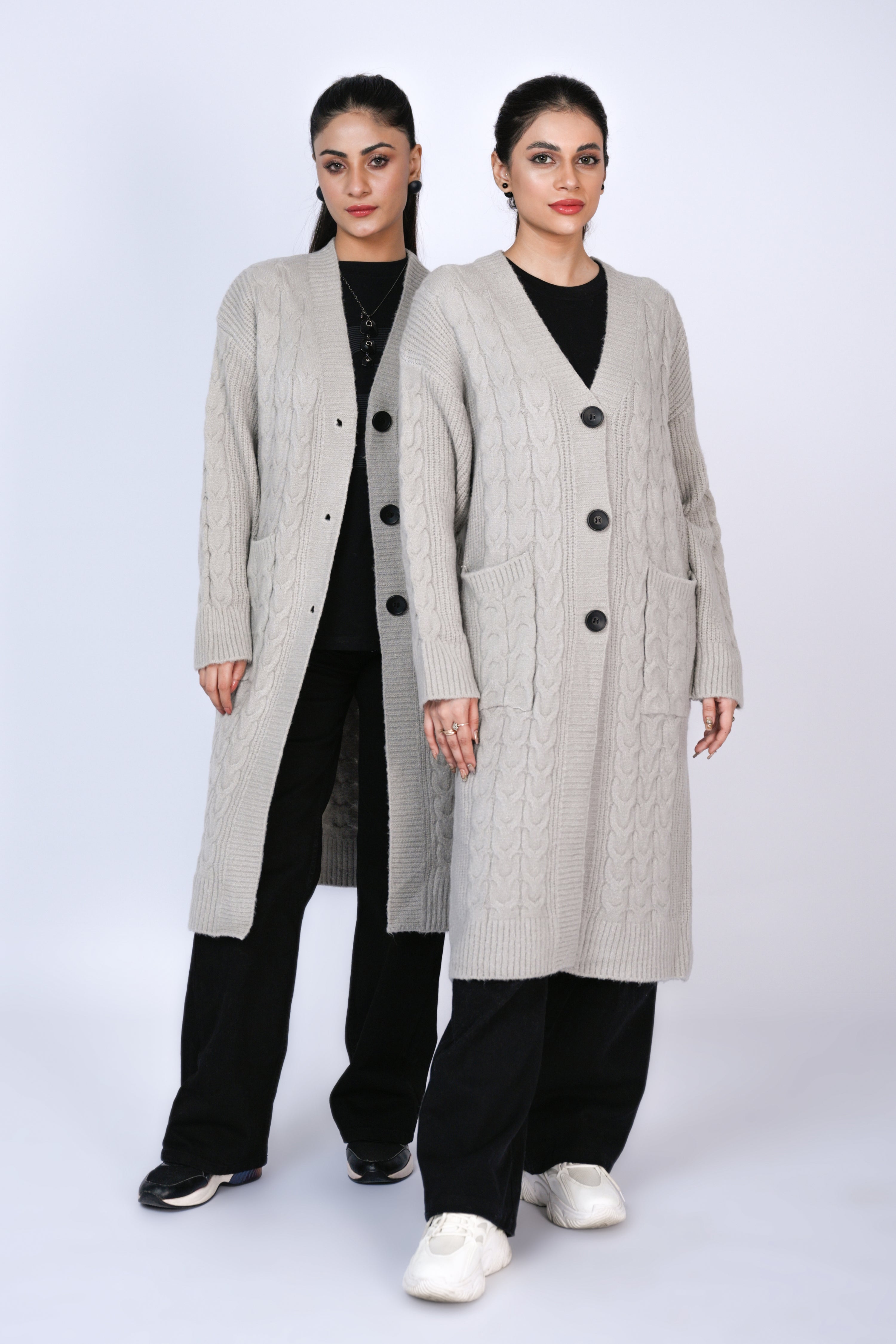 Timeless Duo: Cable Knit Longline Cardigans in Soft Grey Reality