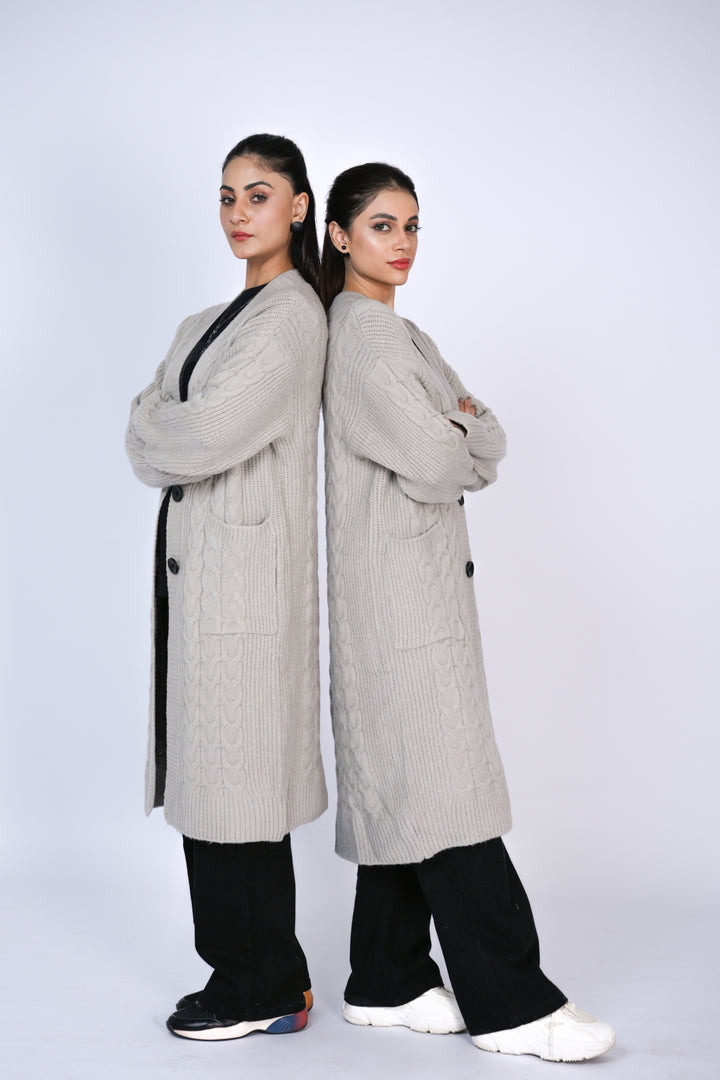 Timeless Duo: Cable Knit Longline Cardigans in Soft Grey Reality
