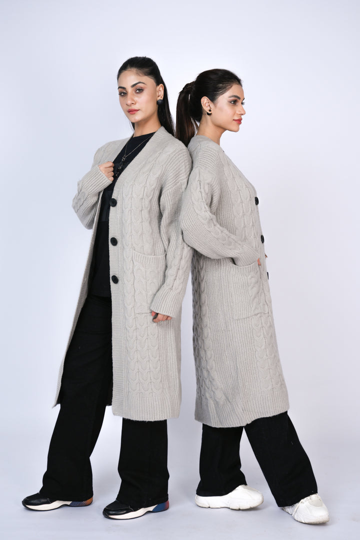 Timeless Duo: Cable Knit Longline Cardigans in Soft Grey Reality