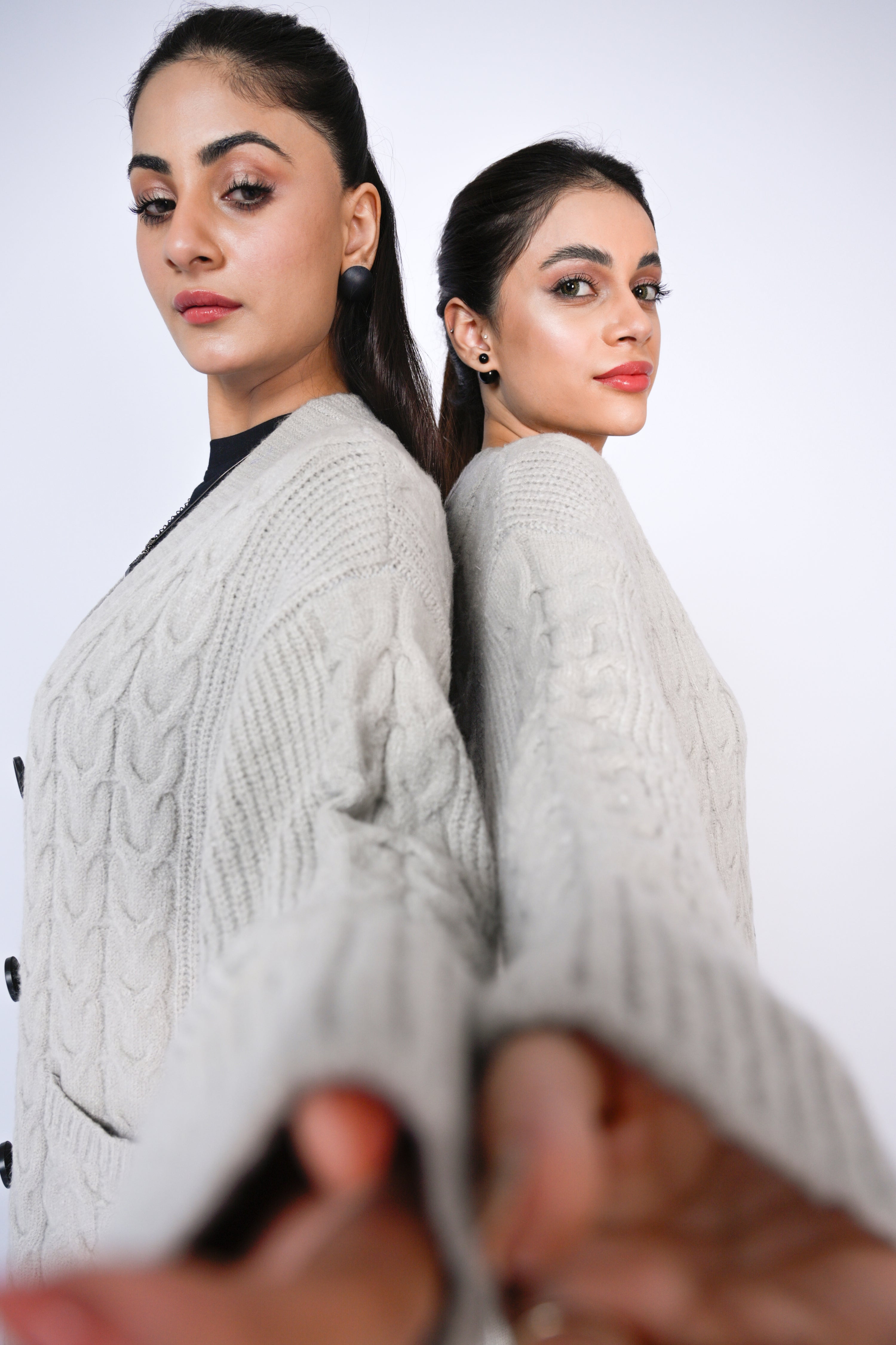 Timeless Duo: Cable Knit Longline Cardigans in Soft Grey Reality
