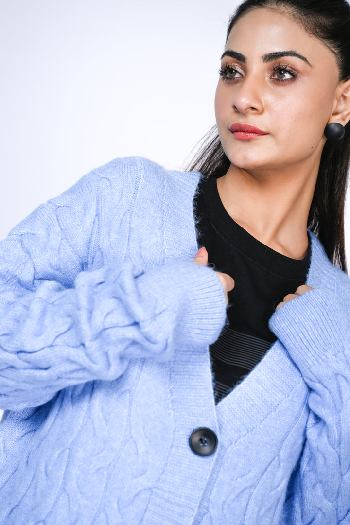 Winter Serenity: Soft Blue Cable Knit Comfort Reality