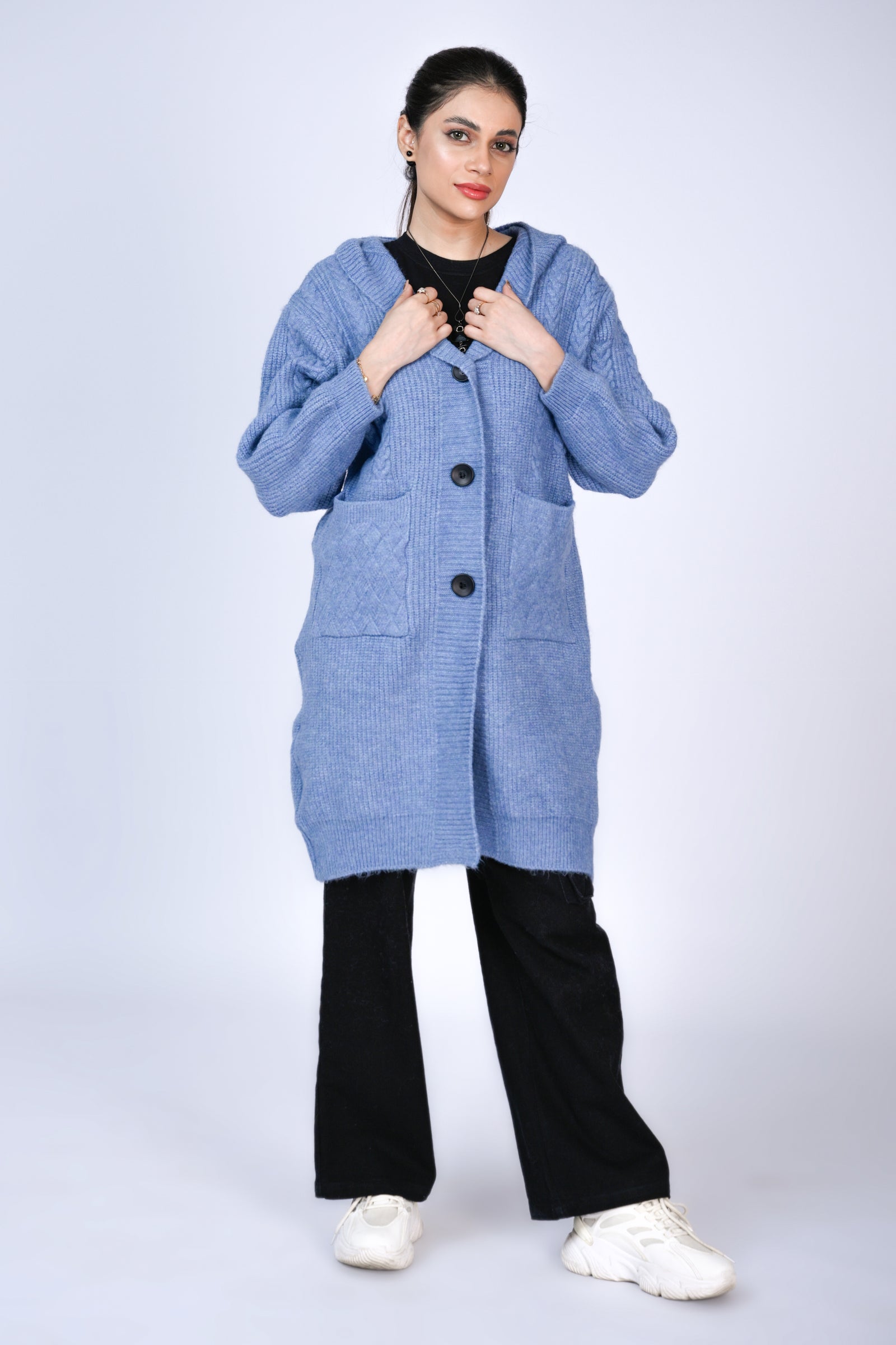 Long Blue Hooded Cardigan Reality