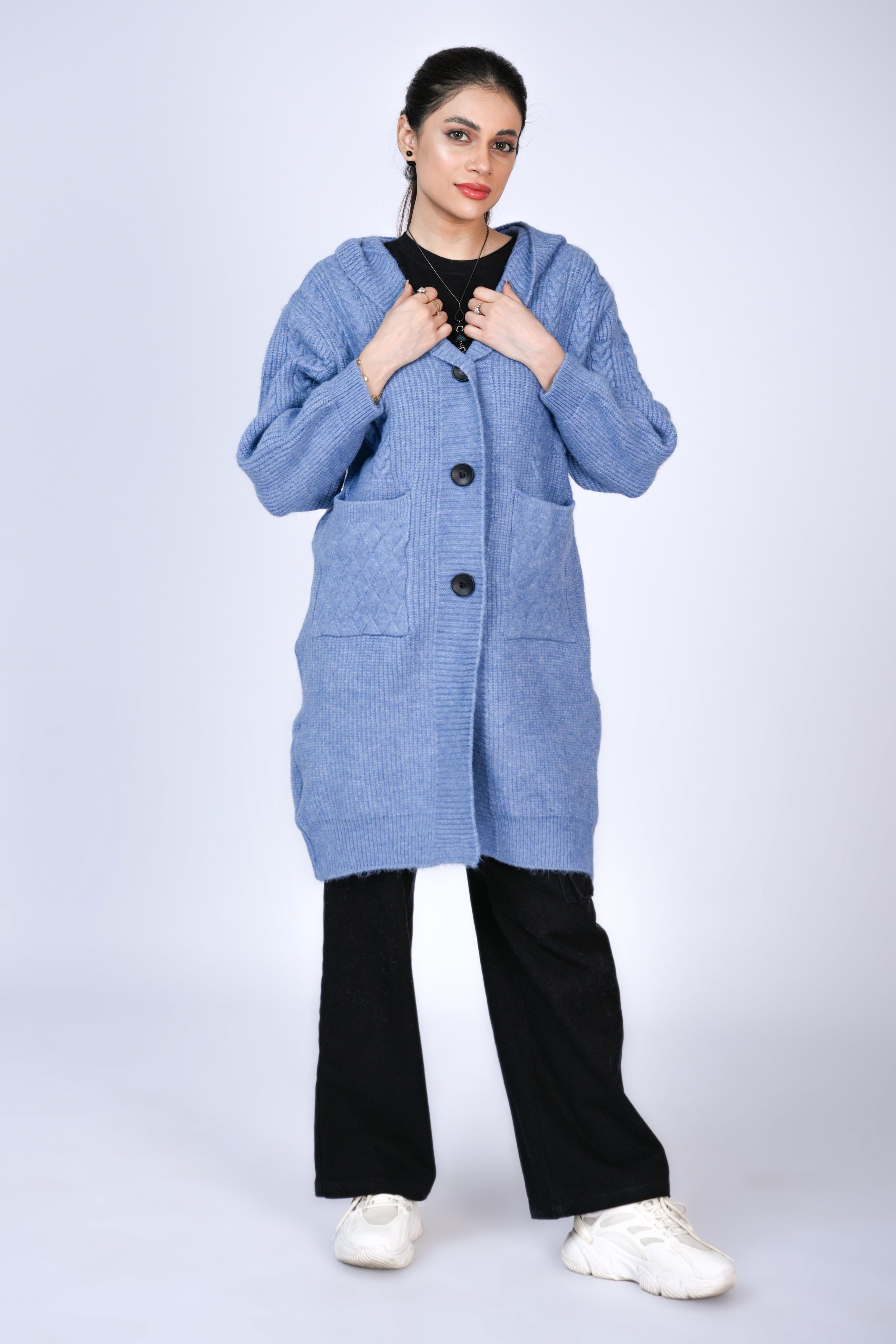 Long Blue Hooded Cardigan Reality