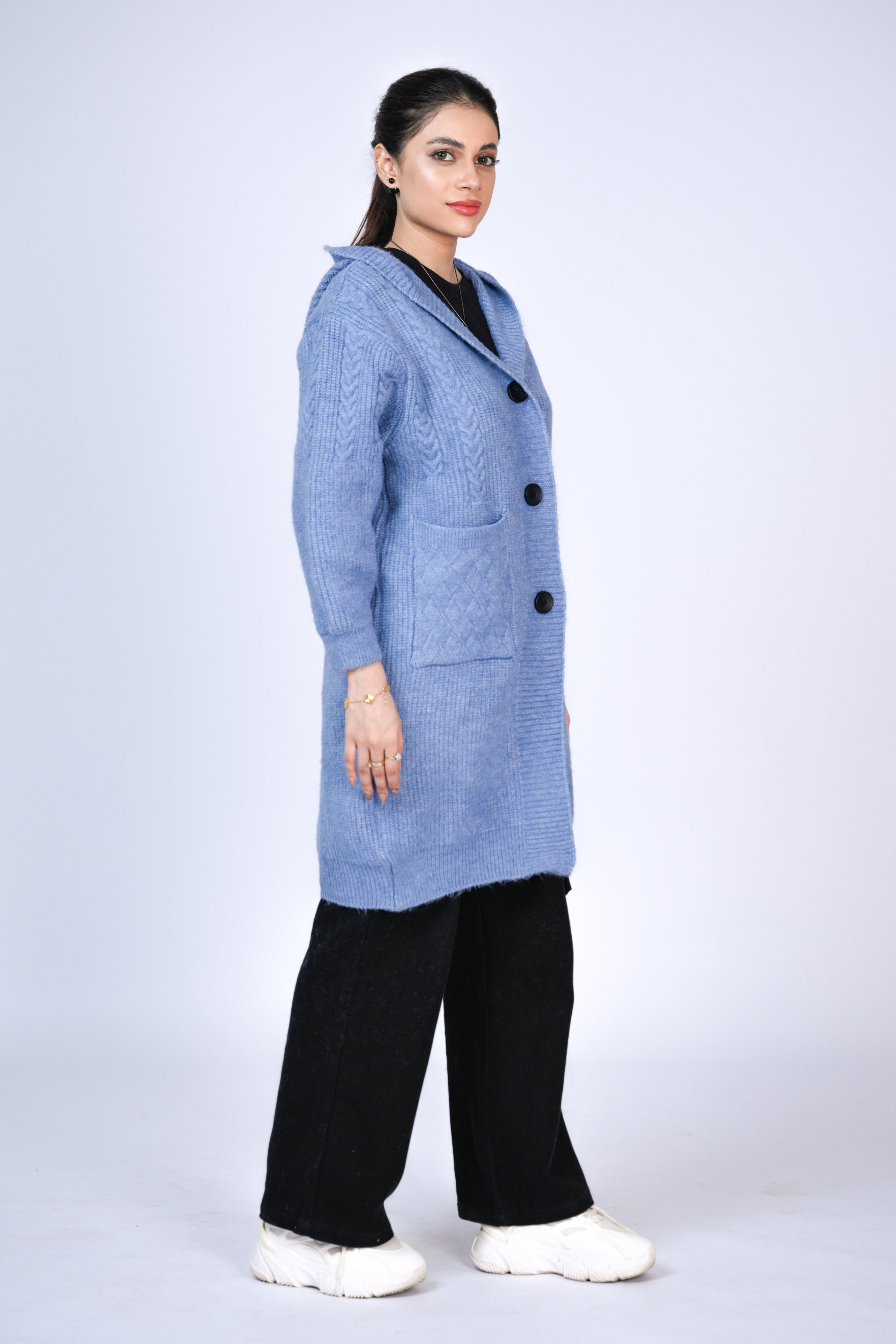 Long Blue Hooded Cardigan Reality