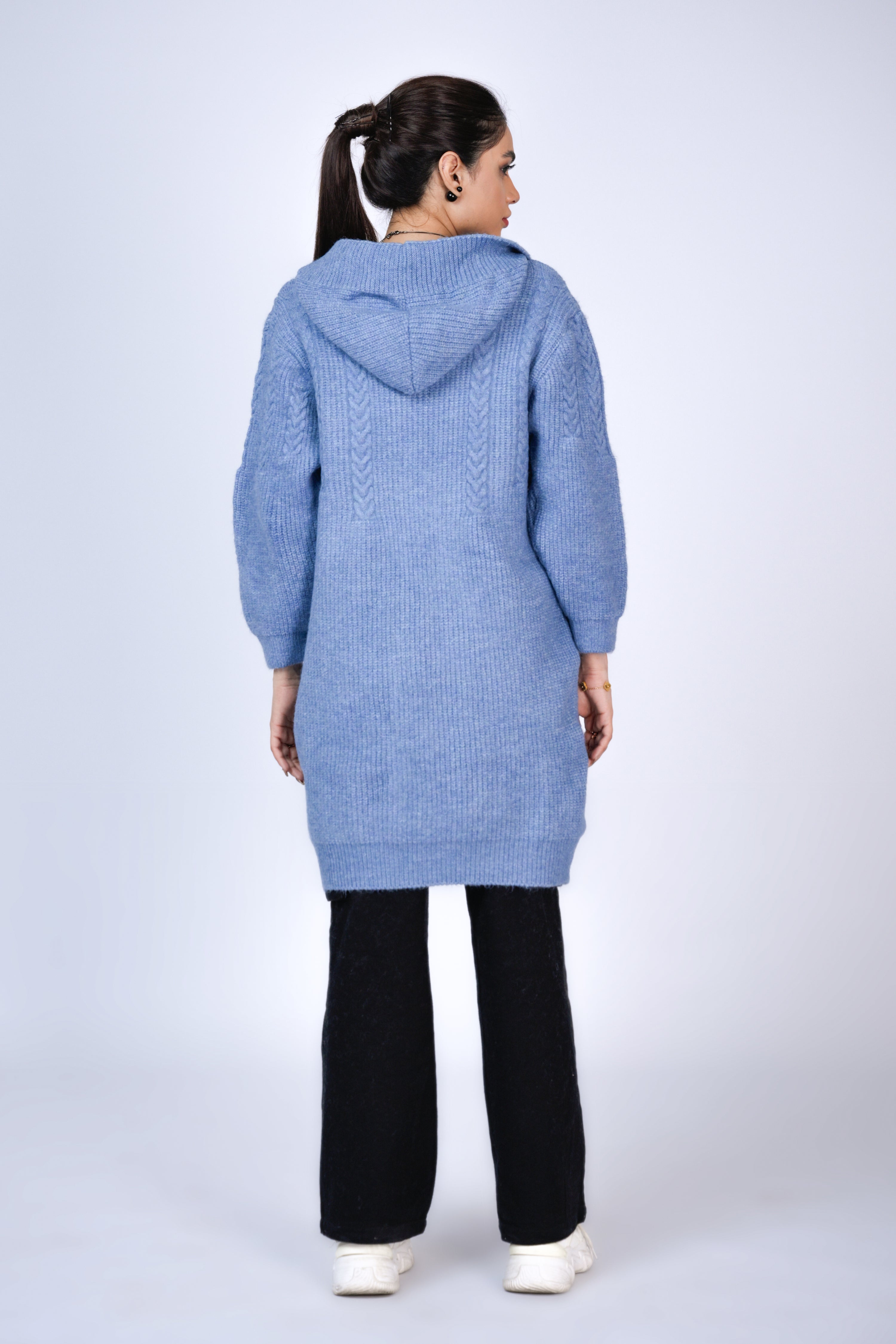 Long Blue Hooded Cardigan Reality