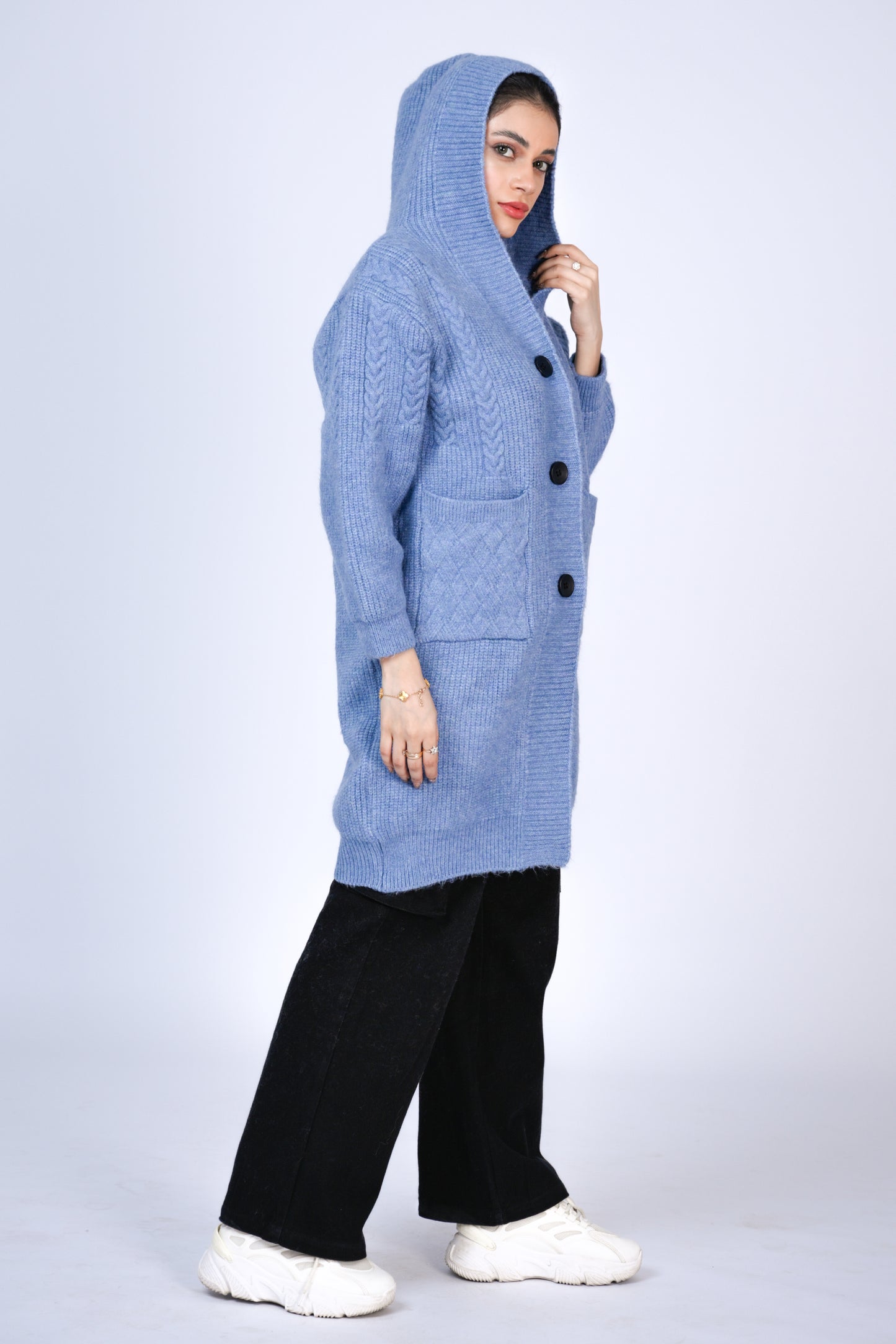 Long Blue Hooded Cardigan Reality