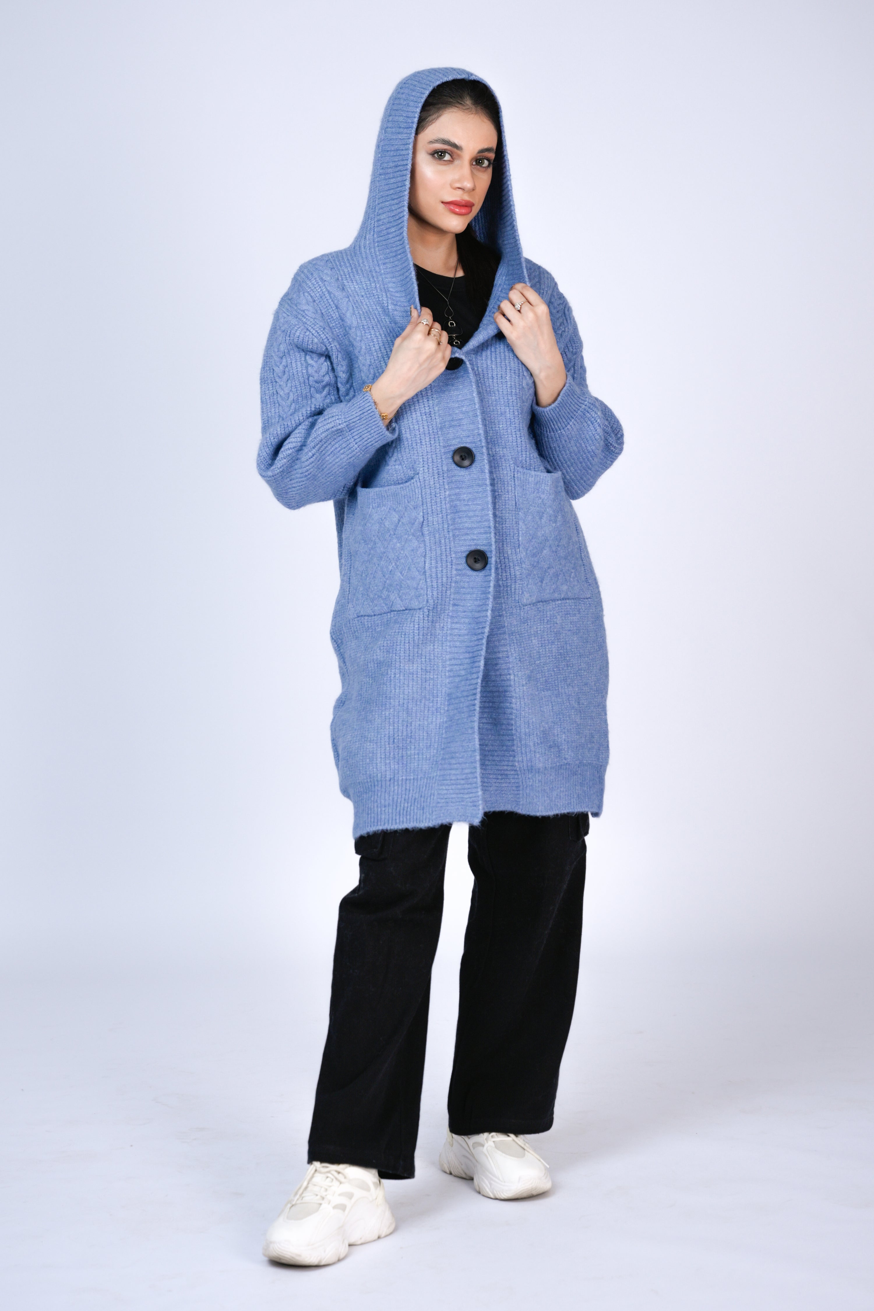 Long Blue Hooded Cardigan Reality