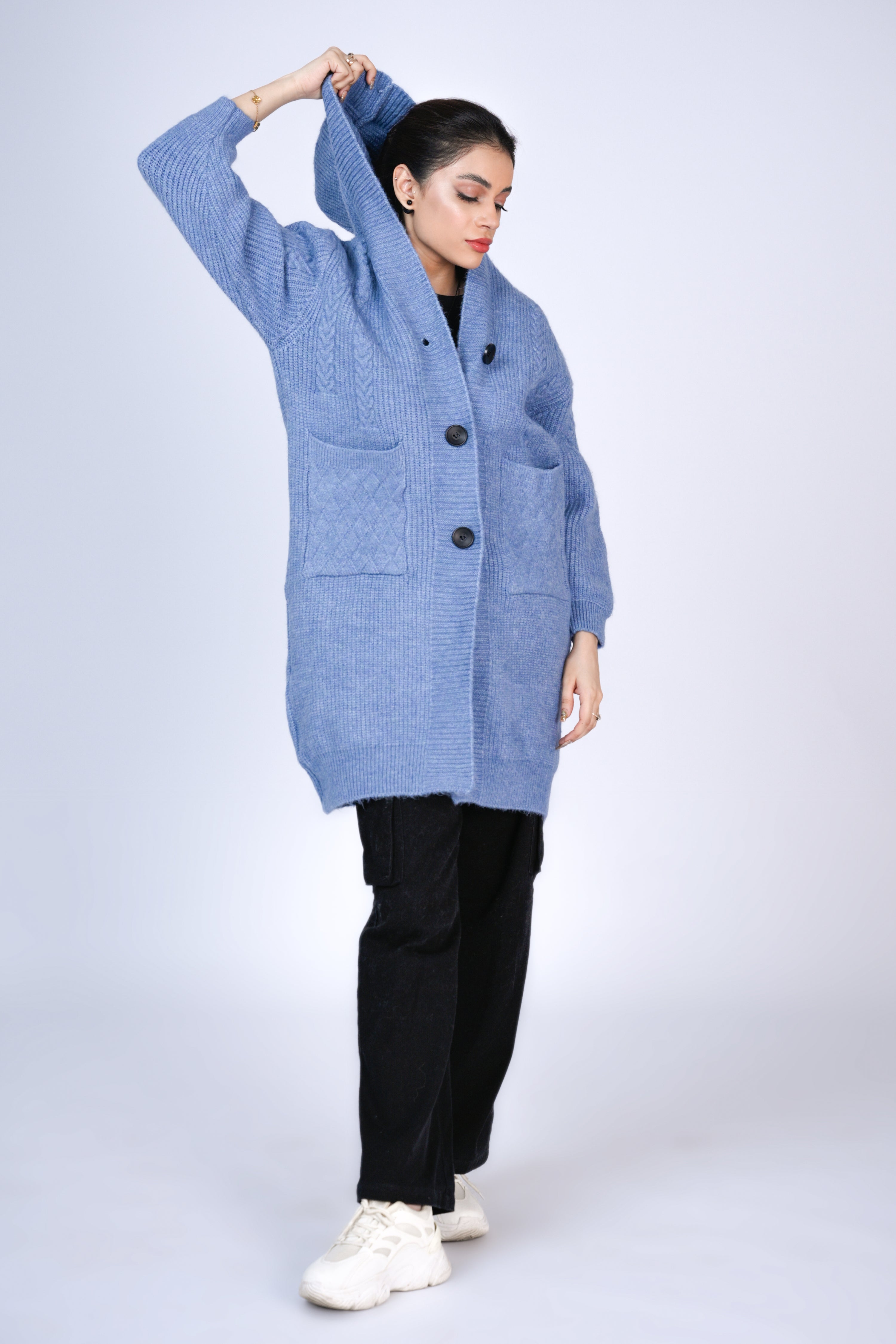 Long Blue Hooded Cardigan Reality