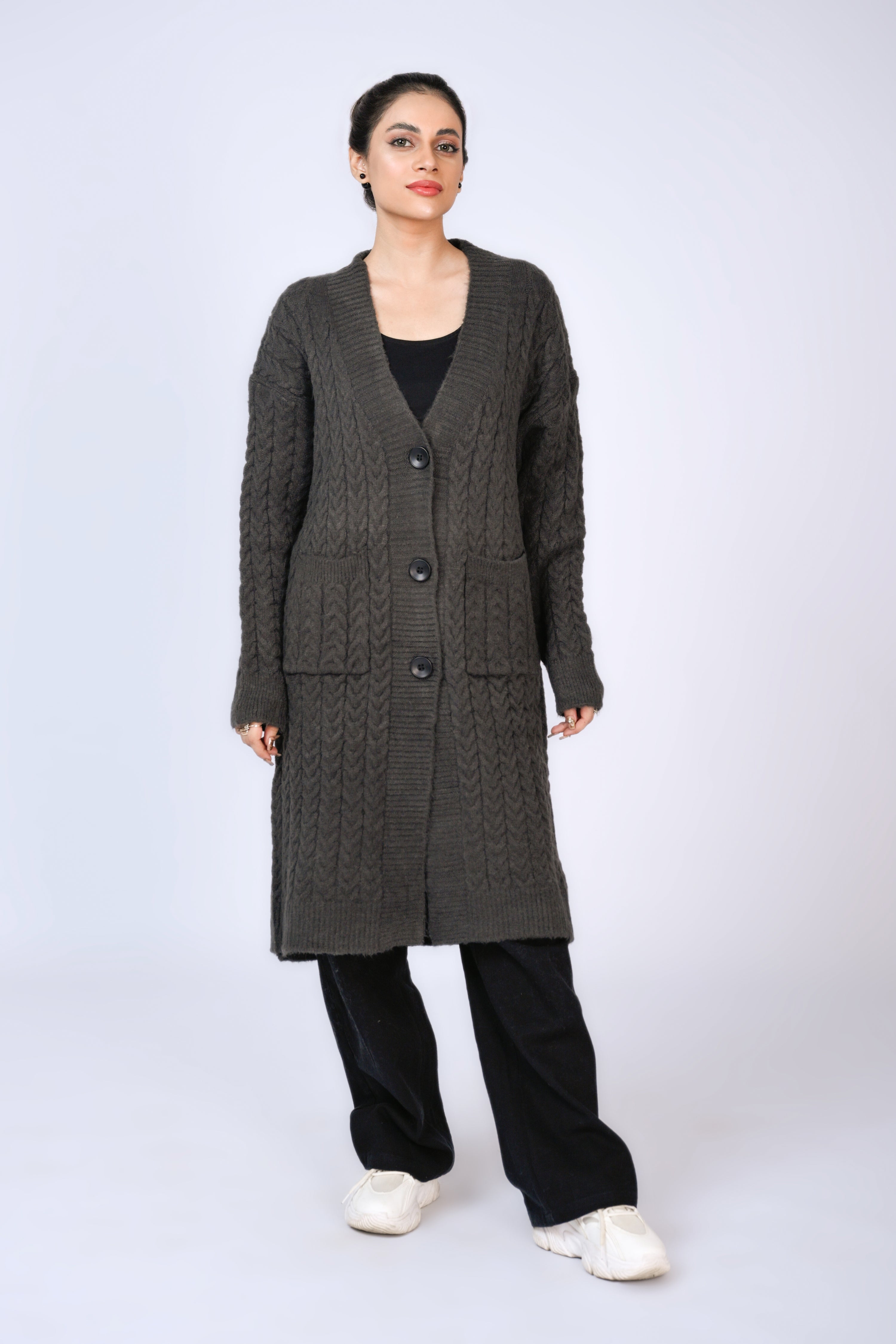 Longline Cable Knit Cardigan in Charcoal Grey Reality