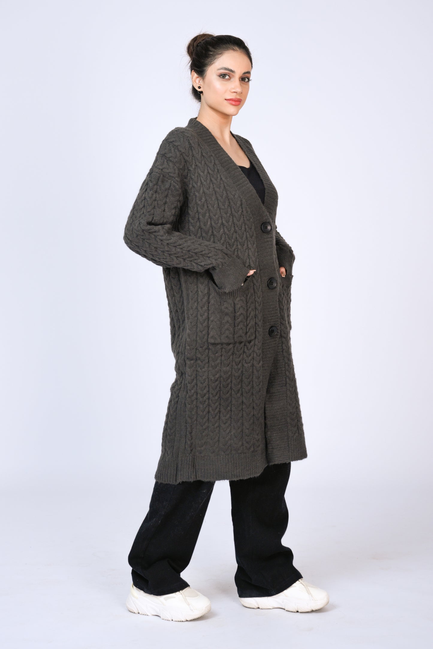 Longline Cable Knit Cardigan in Charcoal Grey Reality