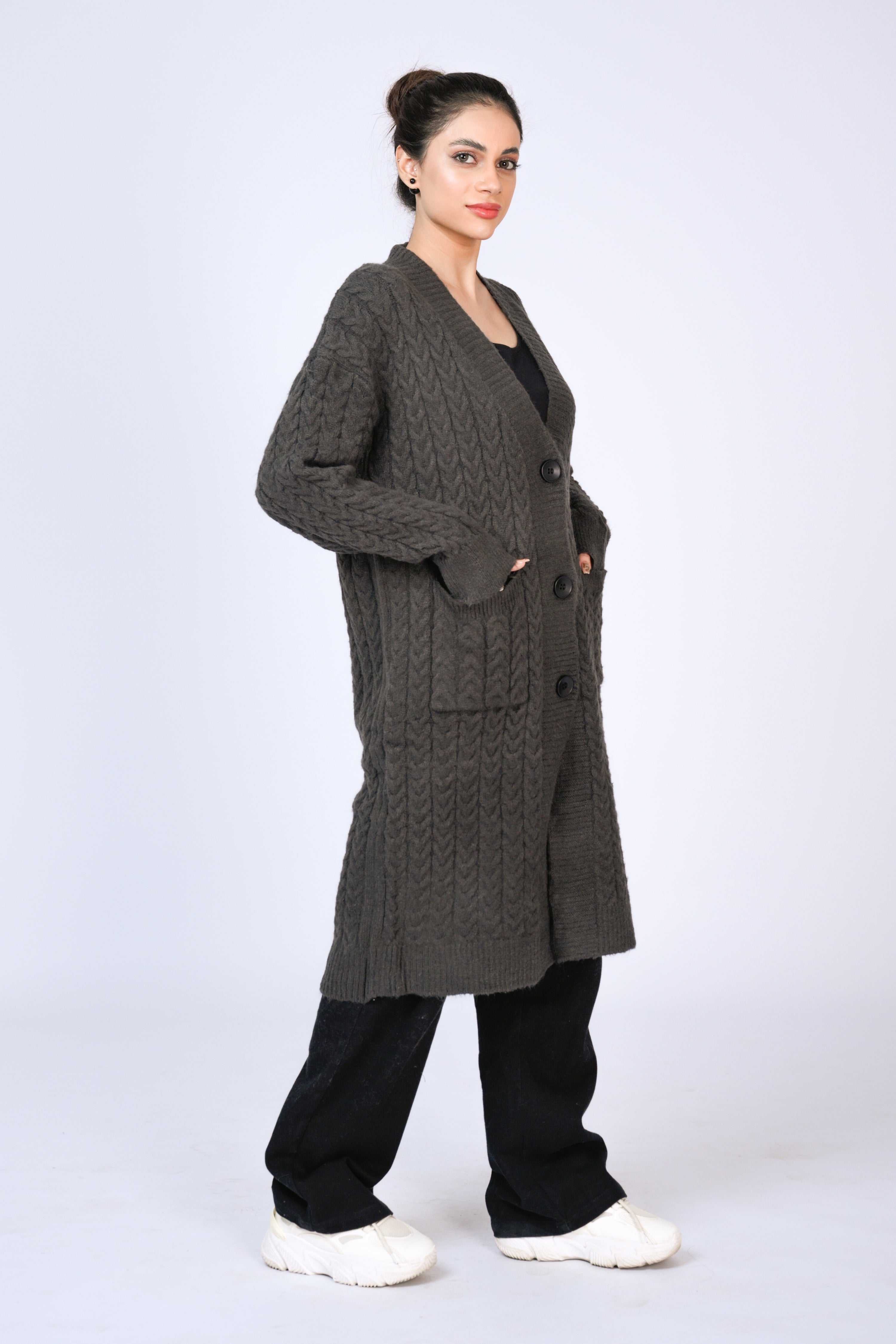 Longline Cable Knit Cardigan in Charcoal Grey Reality
