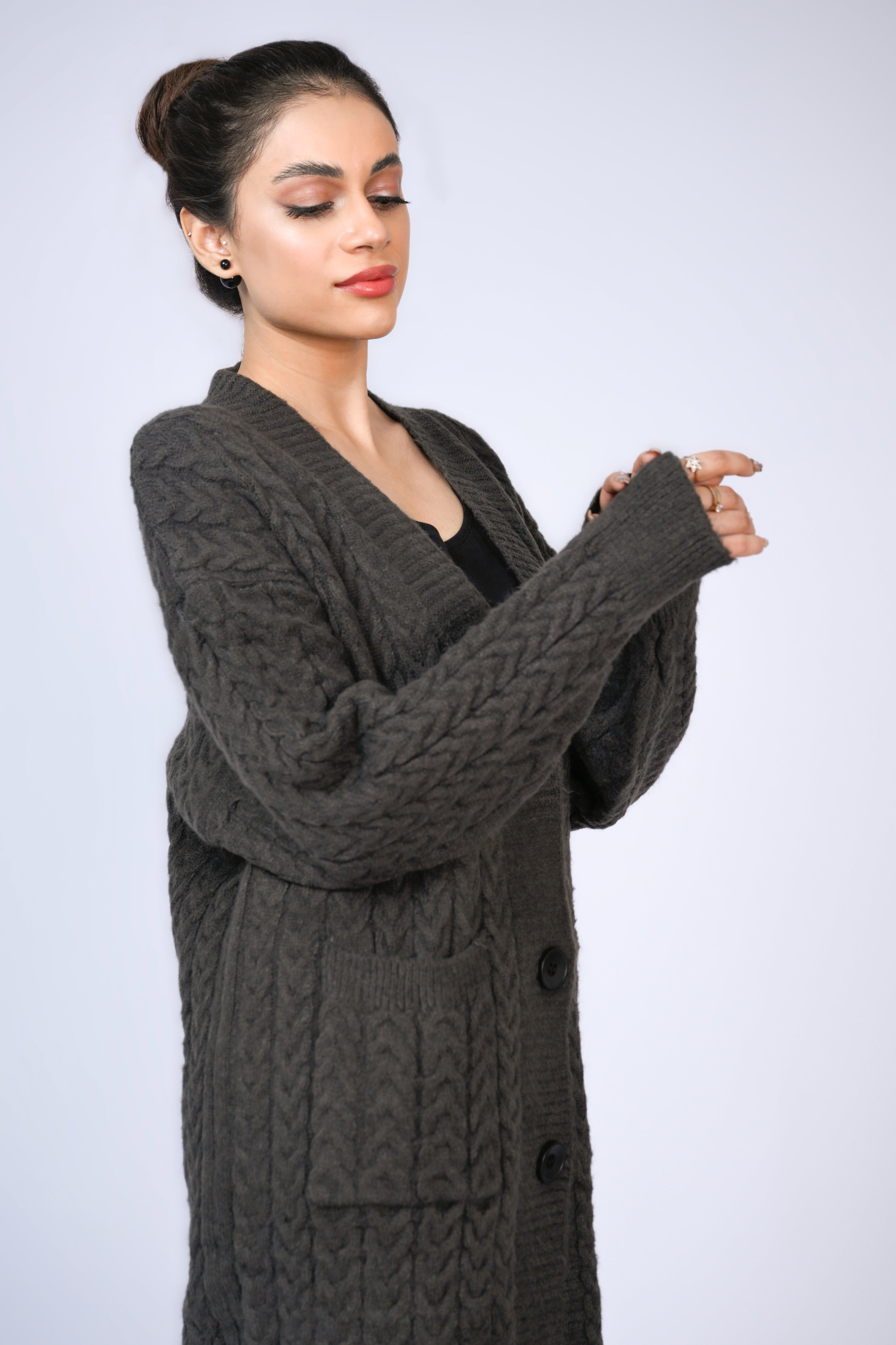 Longline Cable Knit Cardigan in Charcoal Grey Reality