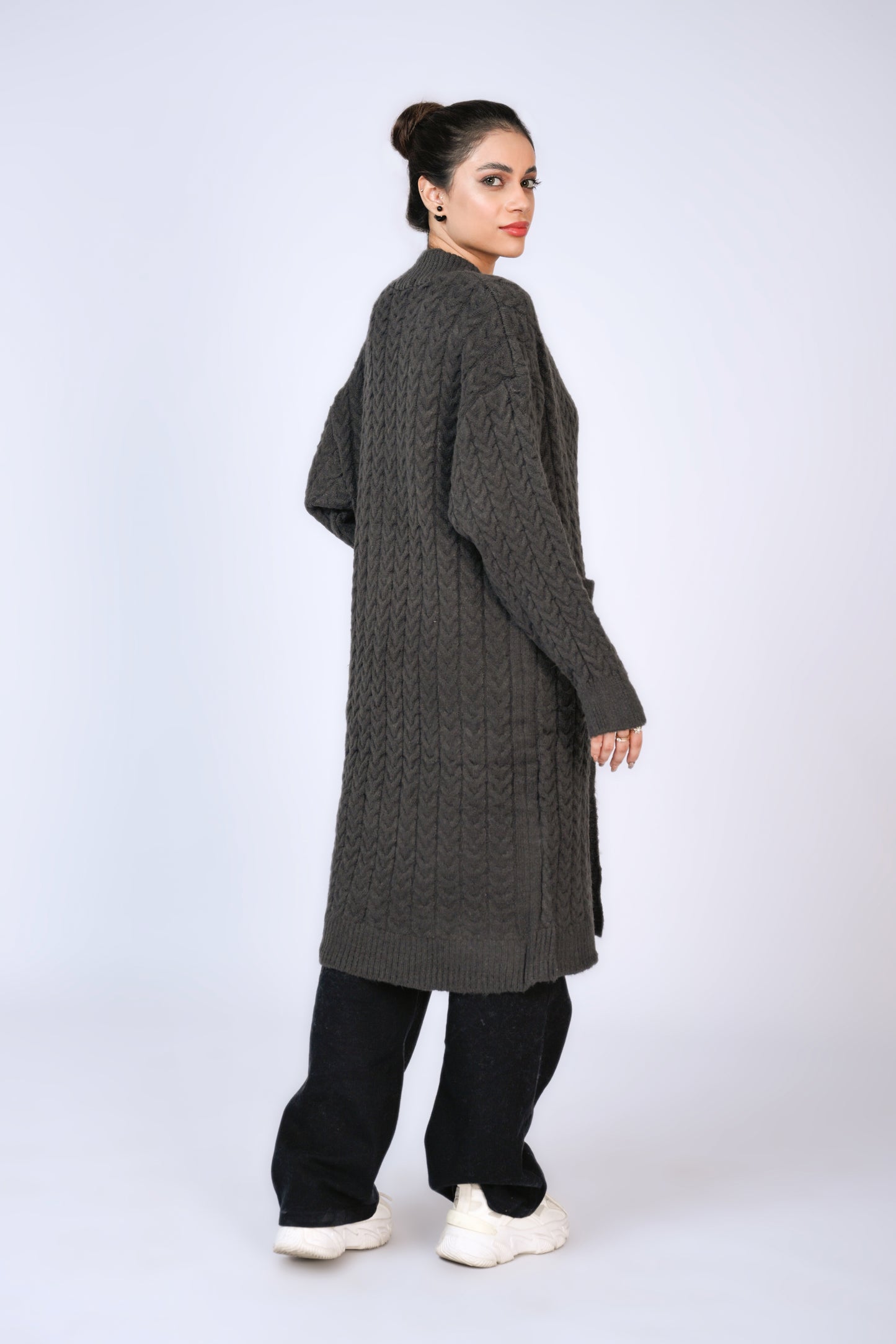 Longline Cable Knit Cardigan in Charcoal Grey Reality