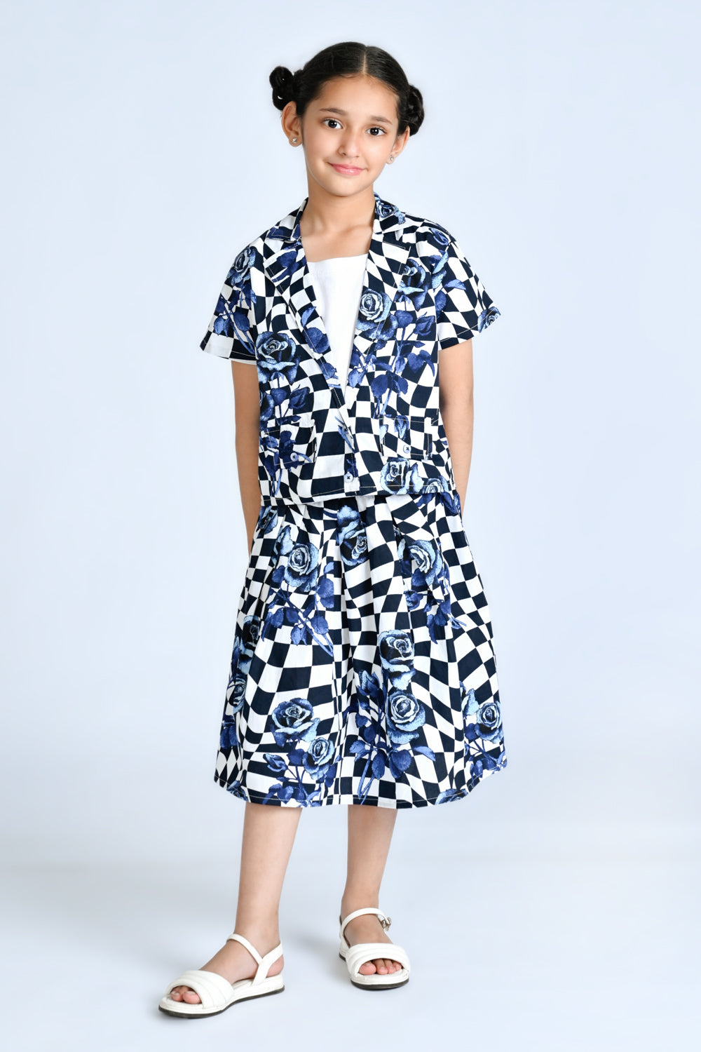 Blue Rose Print Checkered Two-Piece Set for Girls Reality