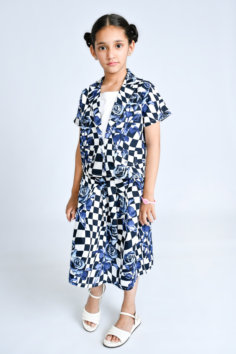 Blue Rose Print Checkered Two-Piece Set for Girls Reality